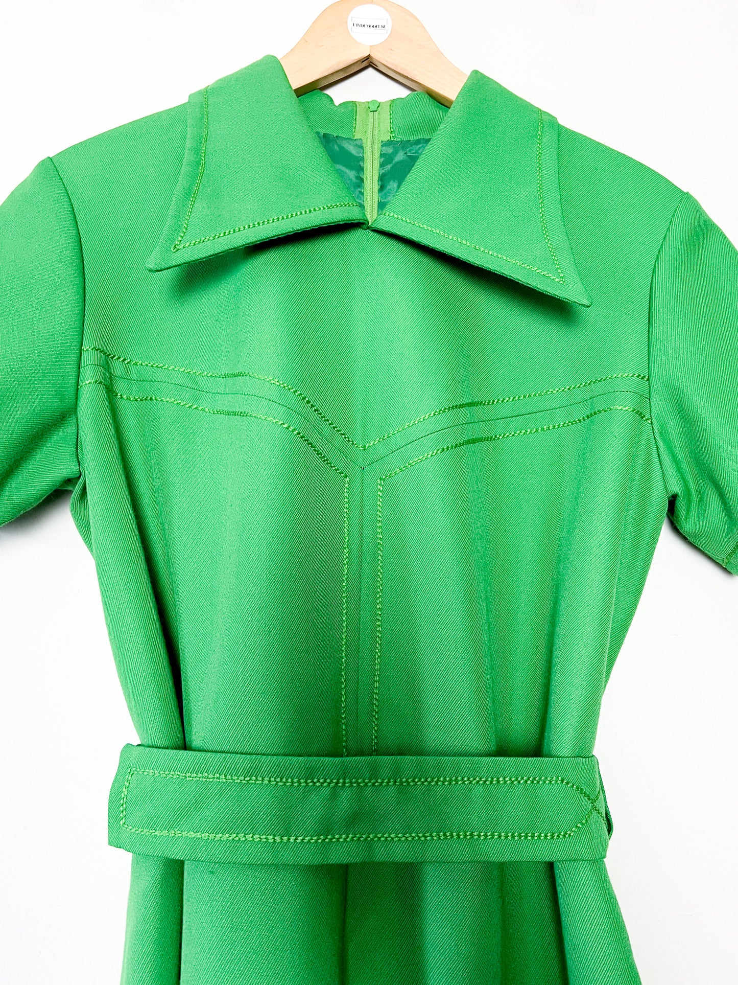 Robe Vintage Années 70 - Laine Vert Prairie - Col Pelle à Tarte & Ceinture - Taille 40 FR