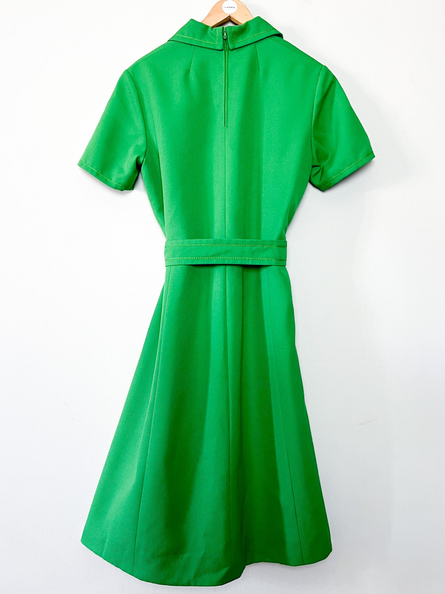 Robe Vintage Années 70 - Laine Vert Prairie - Col Pelle à Tarte & Ceinture - Taille 40 FR