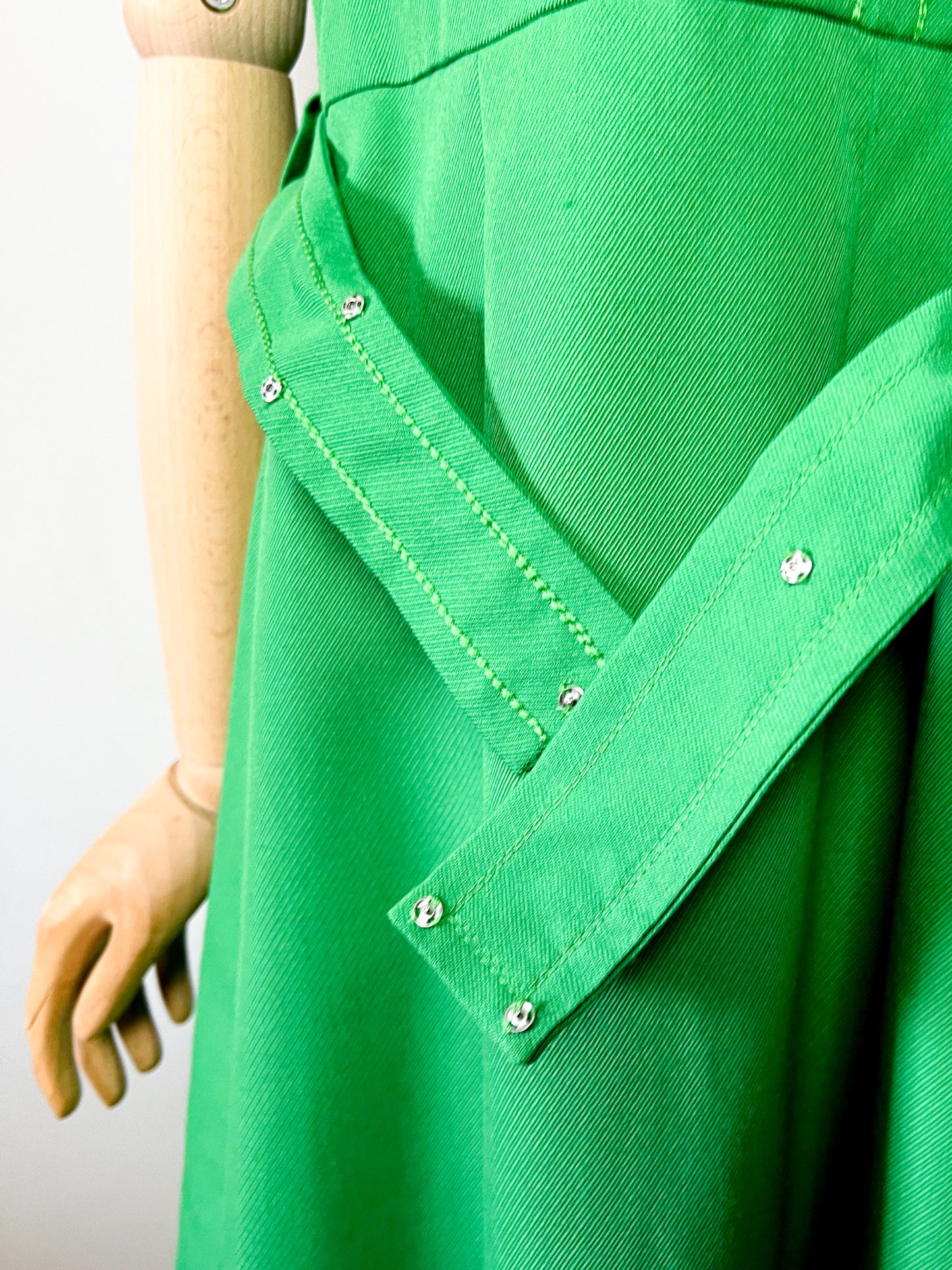 Robe Vintage Années 70 - Laine Vert Prairie - Col Pelle à Tarte & Ceinture - Taille 40 FR