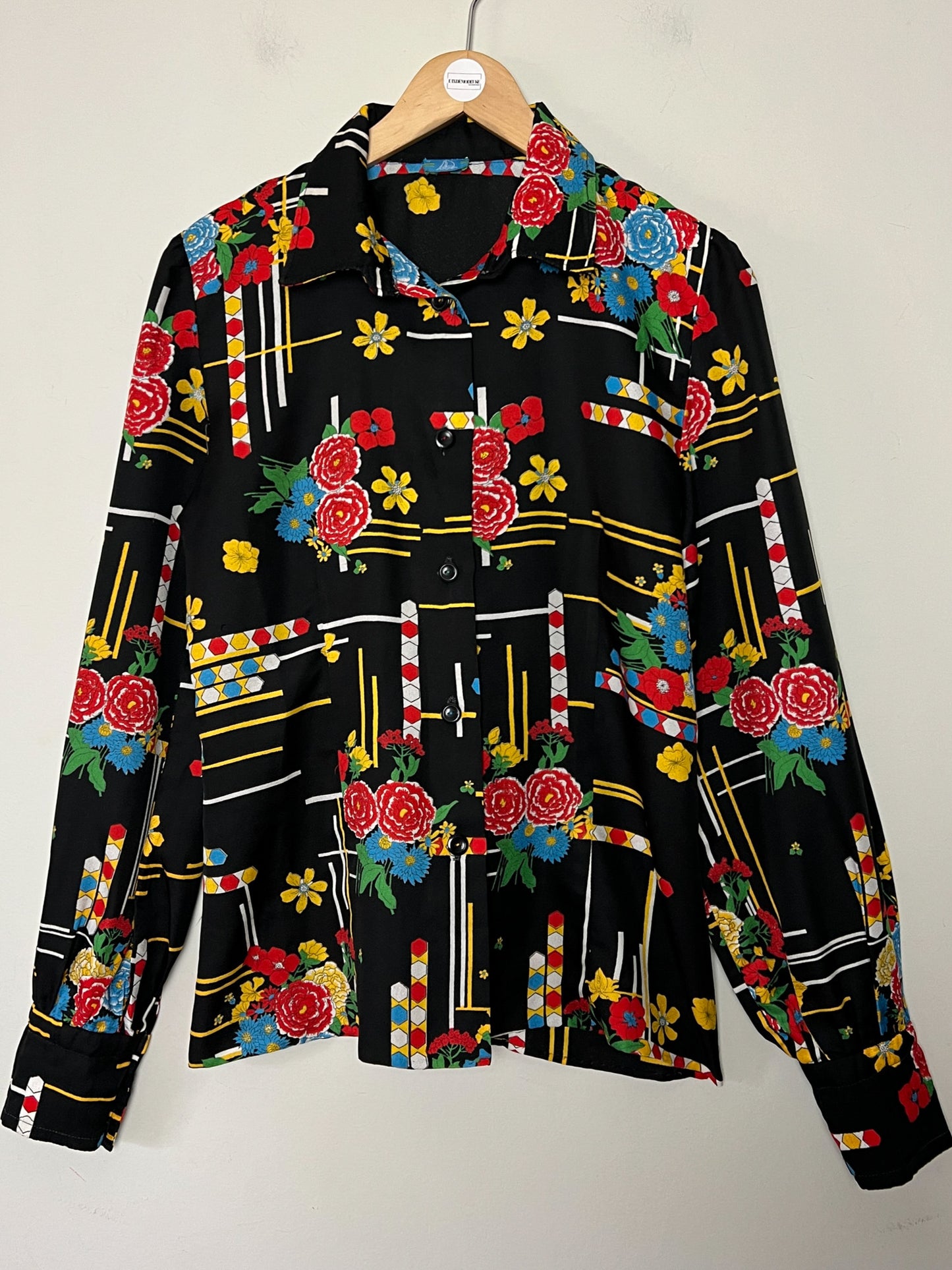 Chemisier Vintage Noir Imprimé Graphique Vif - Style 80s/90s Pop Art - Boutons Fantaisie - Taille 38 FR