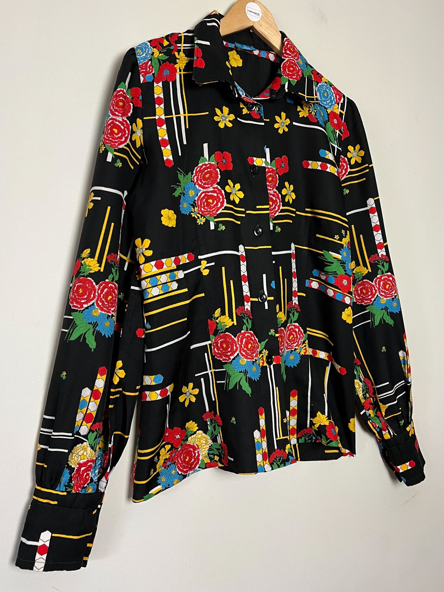 Chemisier Vintage Noir Imprimé Graphique Vif - Style 80s/90s Pop Art - Boutons Fantaisie - Taille 38 FR