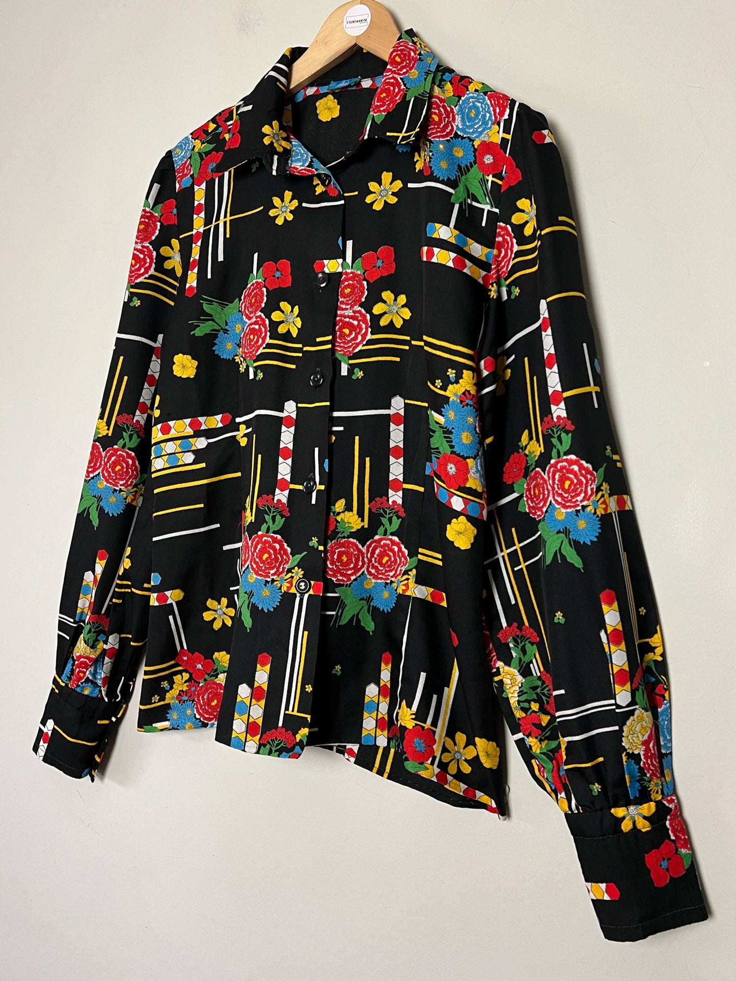 Chemisier Vintage Noir Imprimé Graphique Vif - Style 80s/90s Pop Art - Boutons Fantaisie - Taille 38 FR