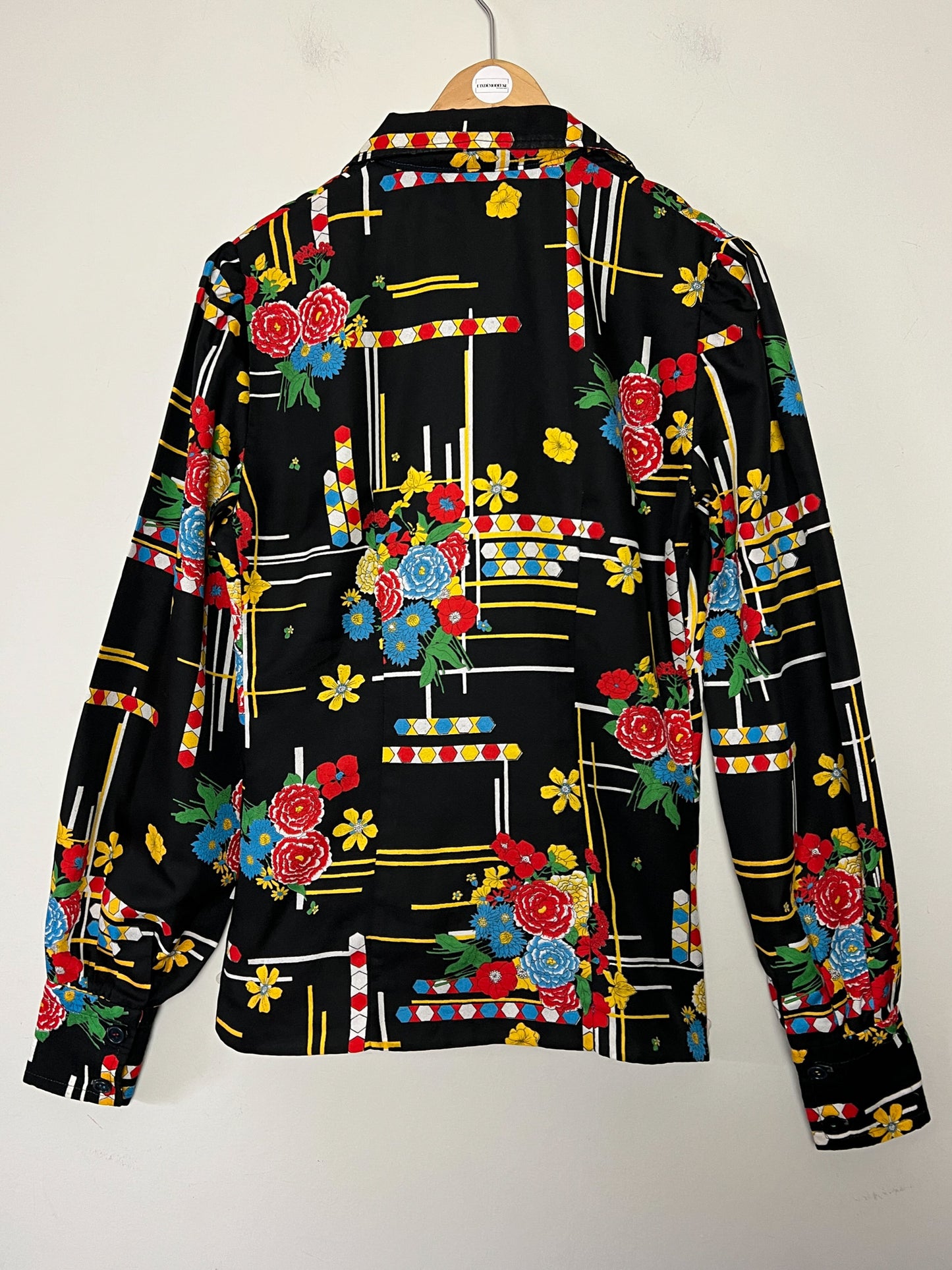 Chemisier Vintage Noir Imprimé Graphique Vif - Style 80s/90s Pop Art - Boutons Fantaisie - Taille 38 FR