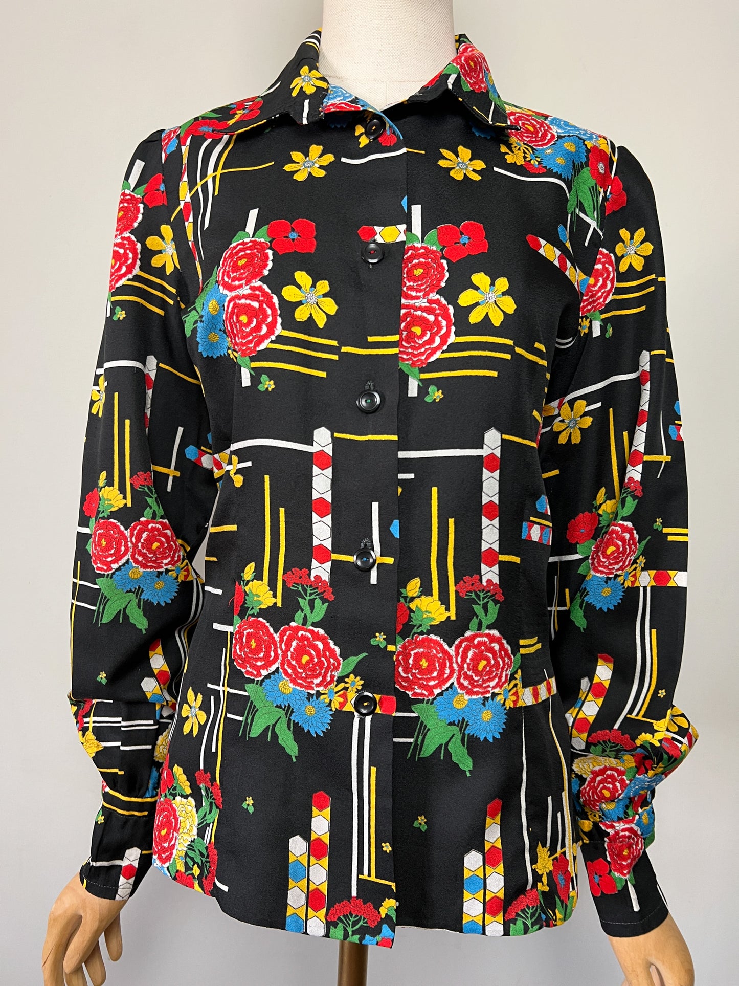 Chemisier Vintage Noir Imprimé Graphique Vif - Style 80s/90s Pop Art - Boutons Fantaisie - Taille 38 FR
