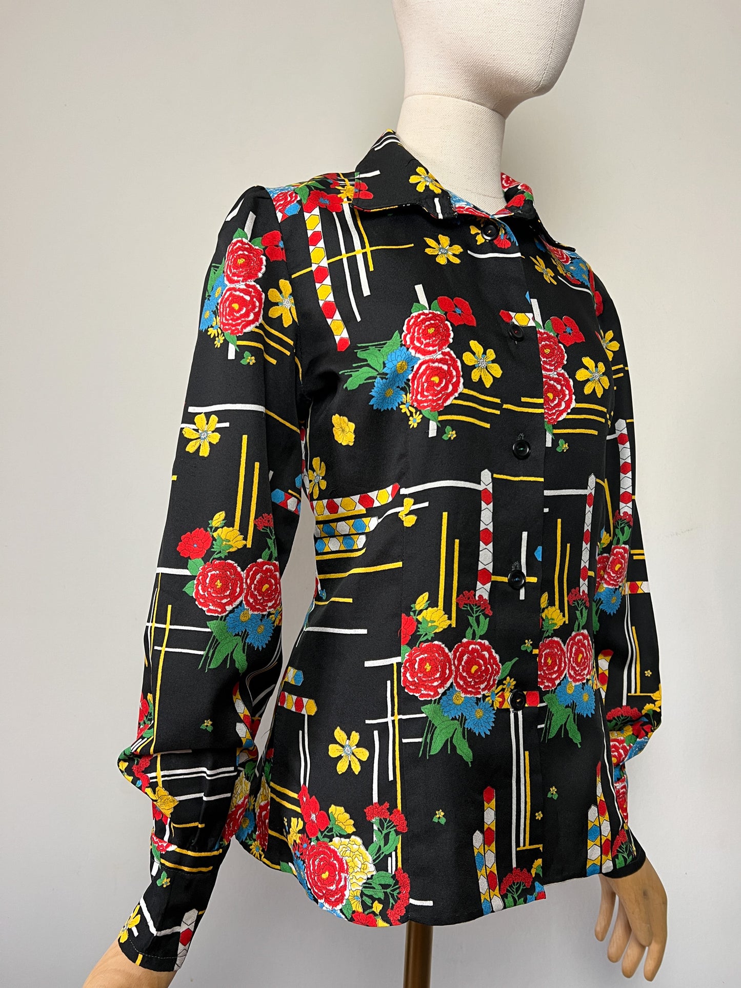 Chemisier Vintage Noir Imprimé Graphique Vif - Style 80s/90s Pop Art - Boutons Fantaisie - Taille 38 FR