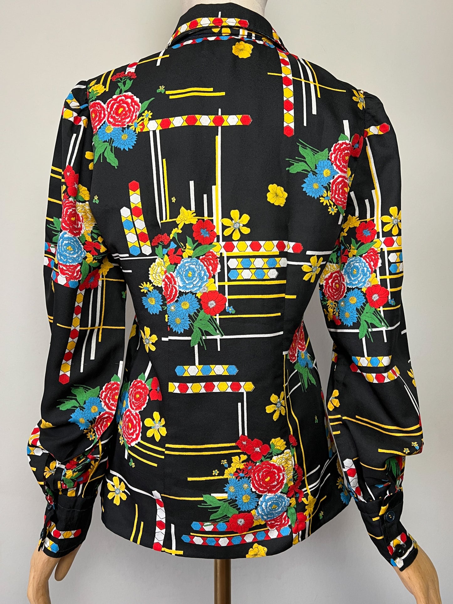Chemisier Vintage Noir Imprimé Graphique Vif - Style 80s/90s Pop Art - Boutons Fantaisie - Taille 38 FR