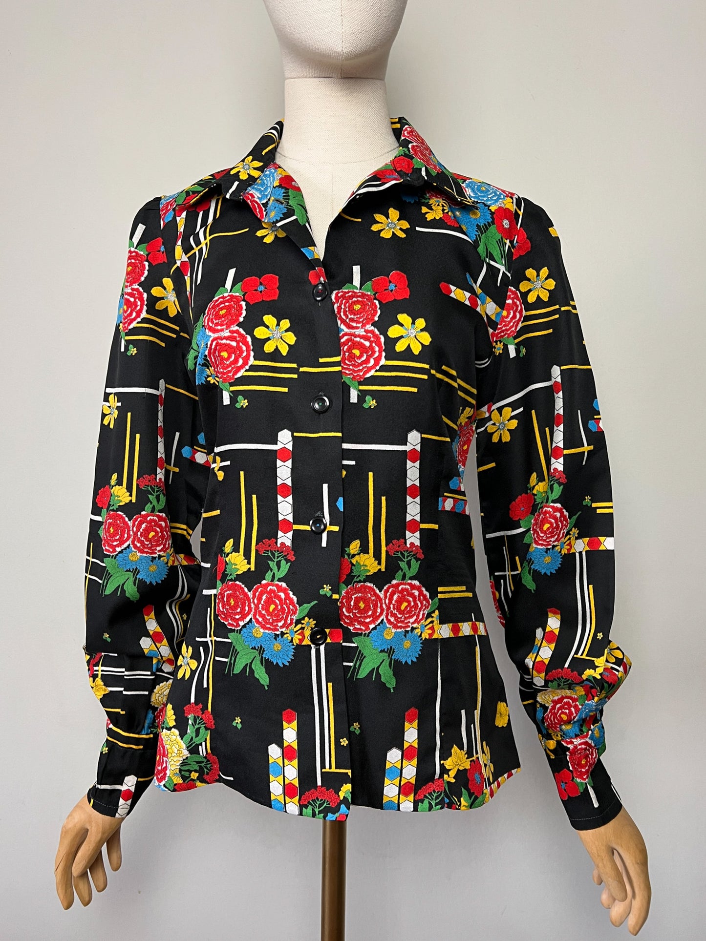 Chemisier Vintage Noir Imprimé Graphique Vif - Style 80s/90s Pop Art - Boutons Fantaisie - Taille 38 FR
