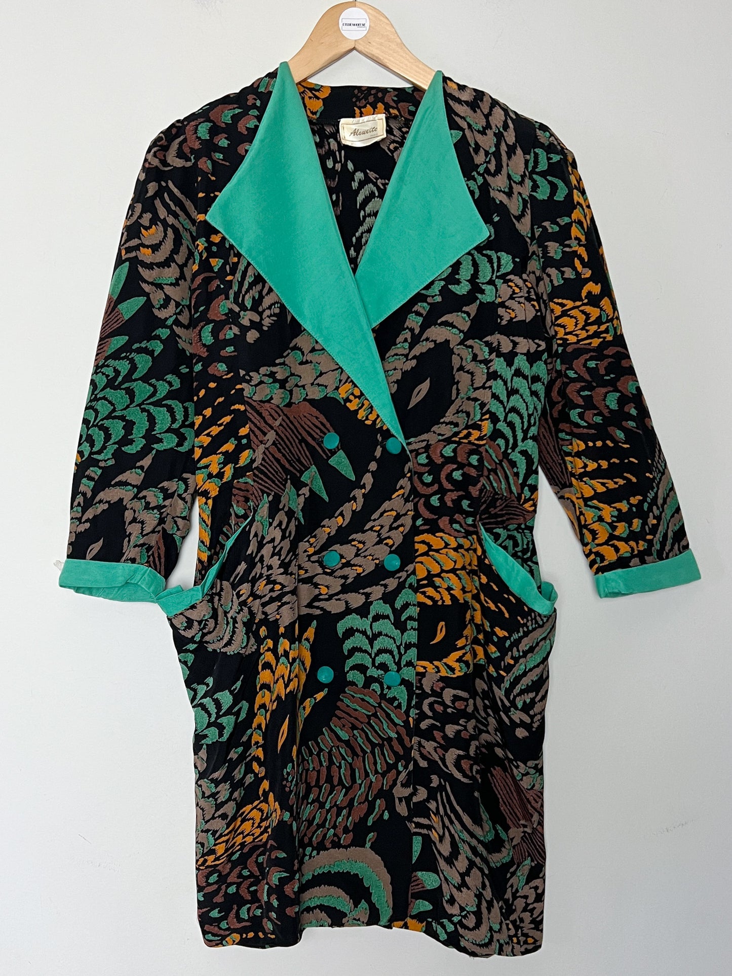 Robe Courte Veste Vintage Alouette Paris - Imprimé Exotique & Col Velours Vert Canard - Taille S (36 FR)