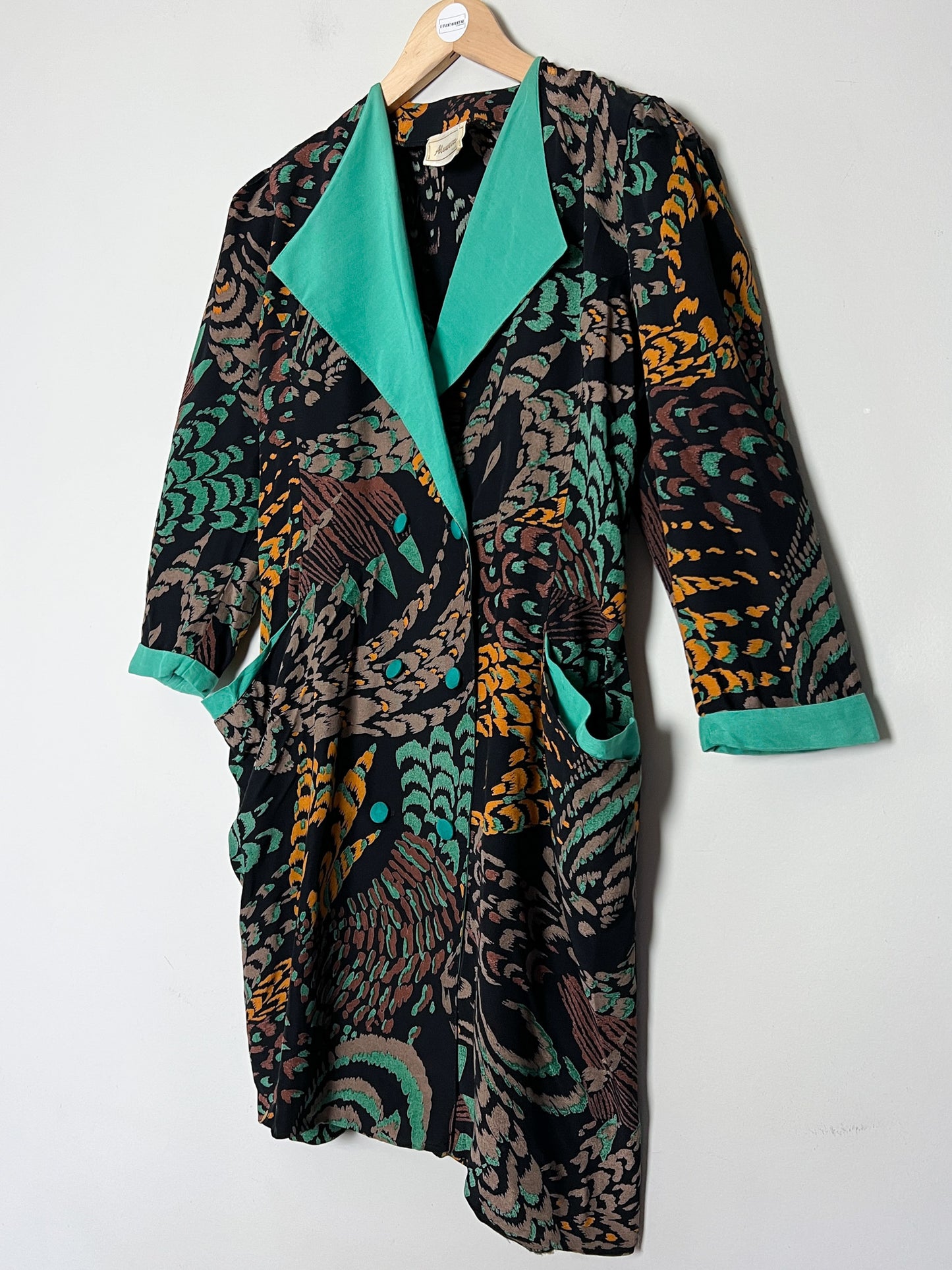 Robe Courte Veste Vintage Alouette Paris - Imprimé Exotique & Col Velours Vert Canard - Taille S (36 FR)