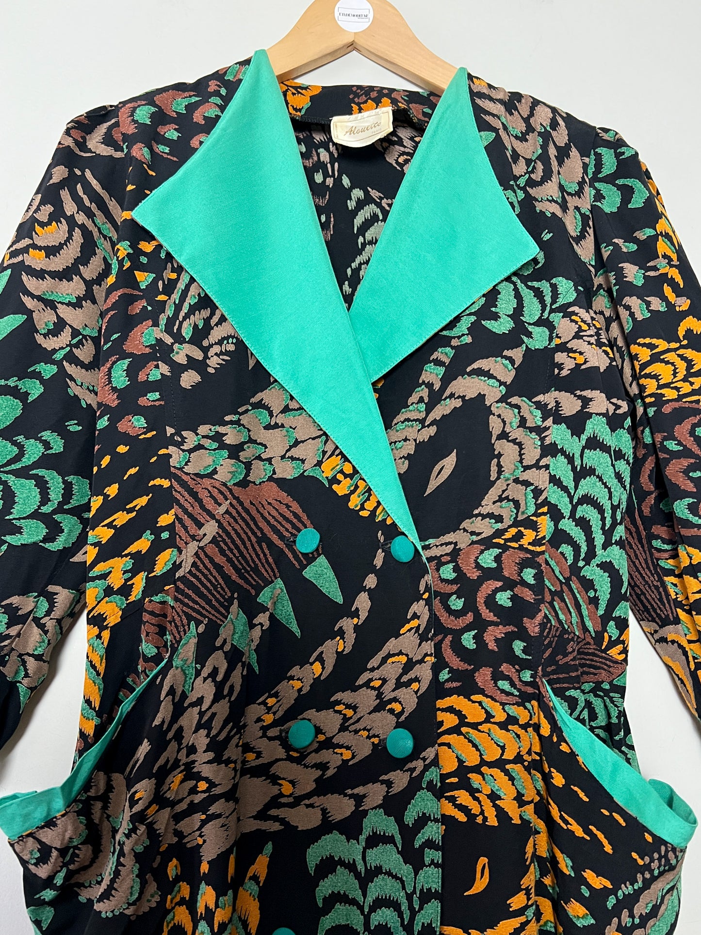 Robe Courte Veste Vintage Alouette Paris - Imprimé Exotique & Col Velours Vert Canard - Taille S (36 FR)