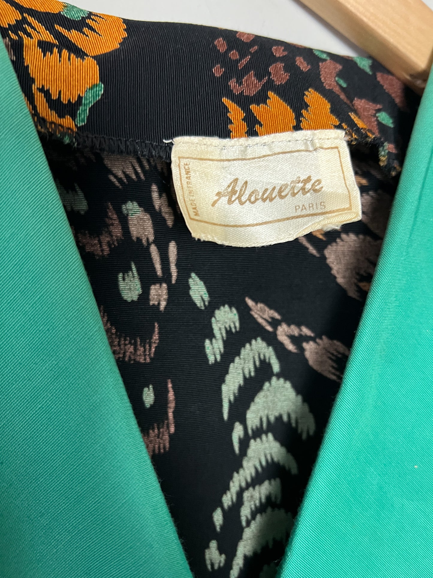 Robe Courte Veste Vintage Alouette Paris - Imprimé Exotique & Col Velours Vert Canard - Taille S (36 FR)