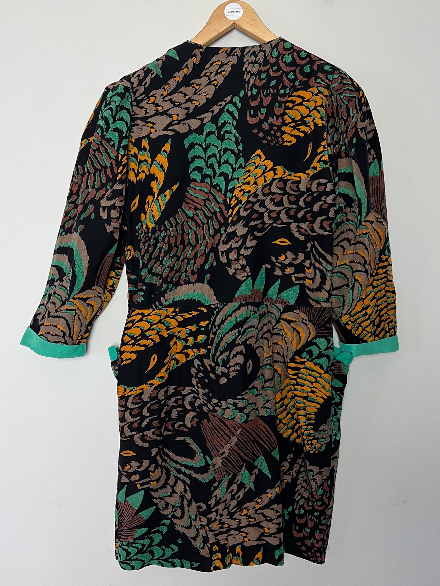 Robe Courte Veste Vintage Alouette Paris - Imprimé Exotique & Col Velours Vert Canard - Taille S (36 FR)