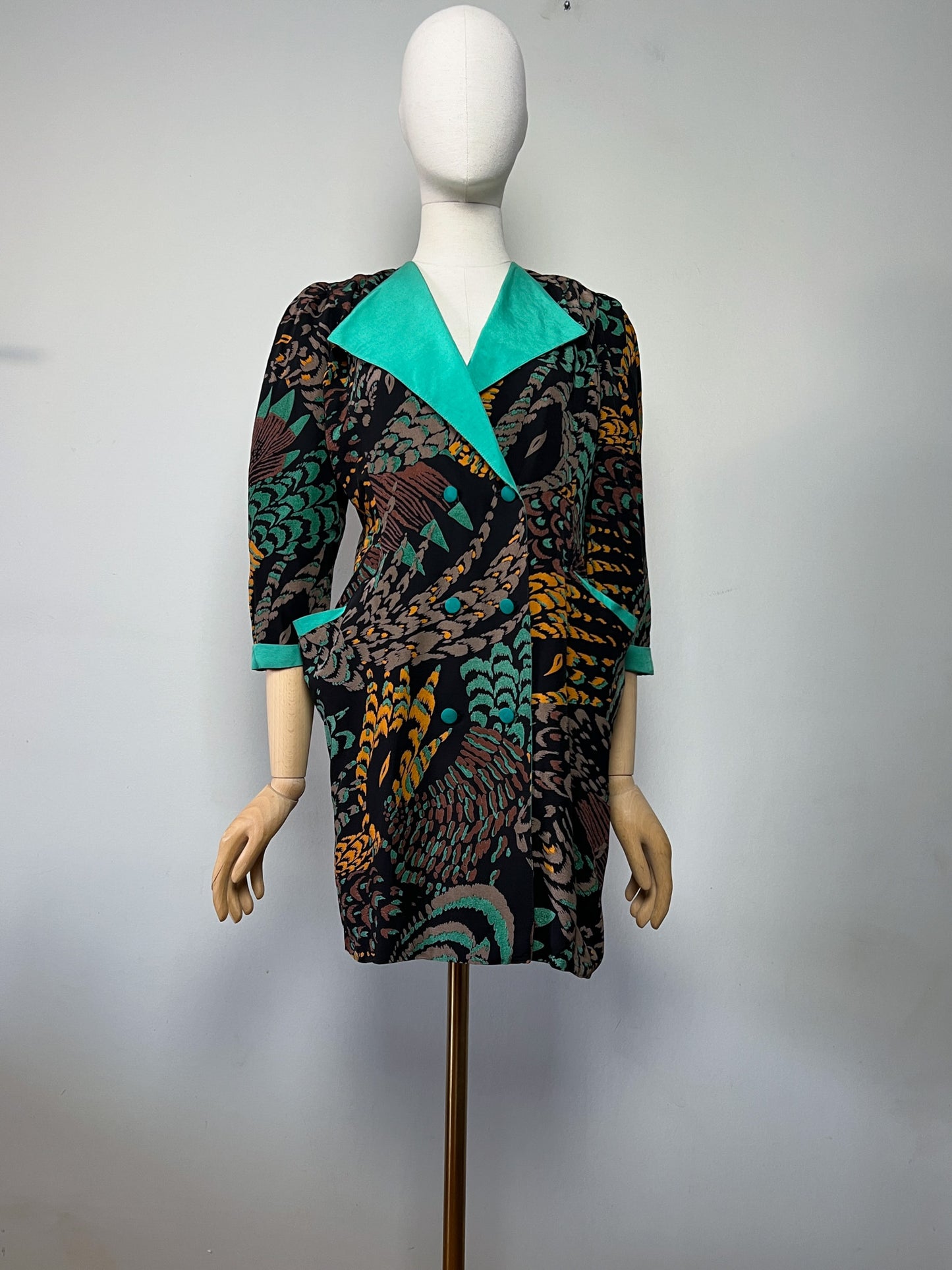 Robe Courte Veste Vintage Alouette Paris - Imprimé Exotique & Col Velours Vert Canard - Taille S (36 FR)