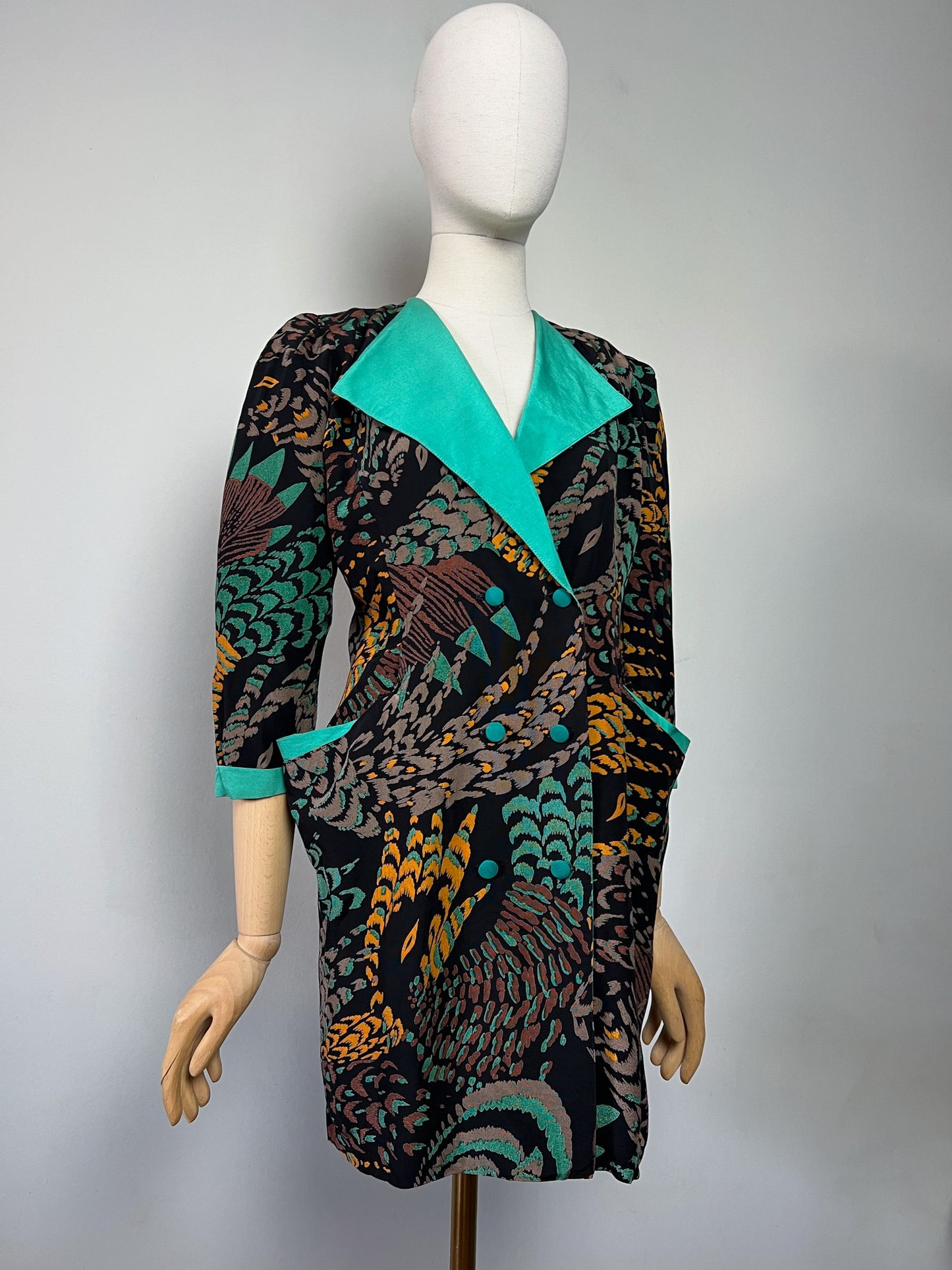 Robe Courte Veste Vintage Alouette Paris - Imprimé Exotique & Col Velours Vert Canard - Taille S (36 FR)