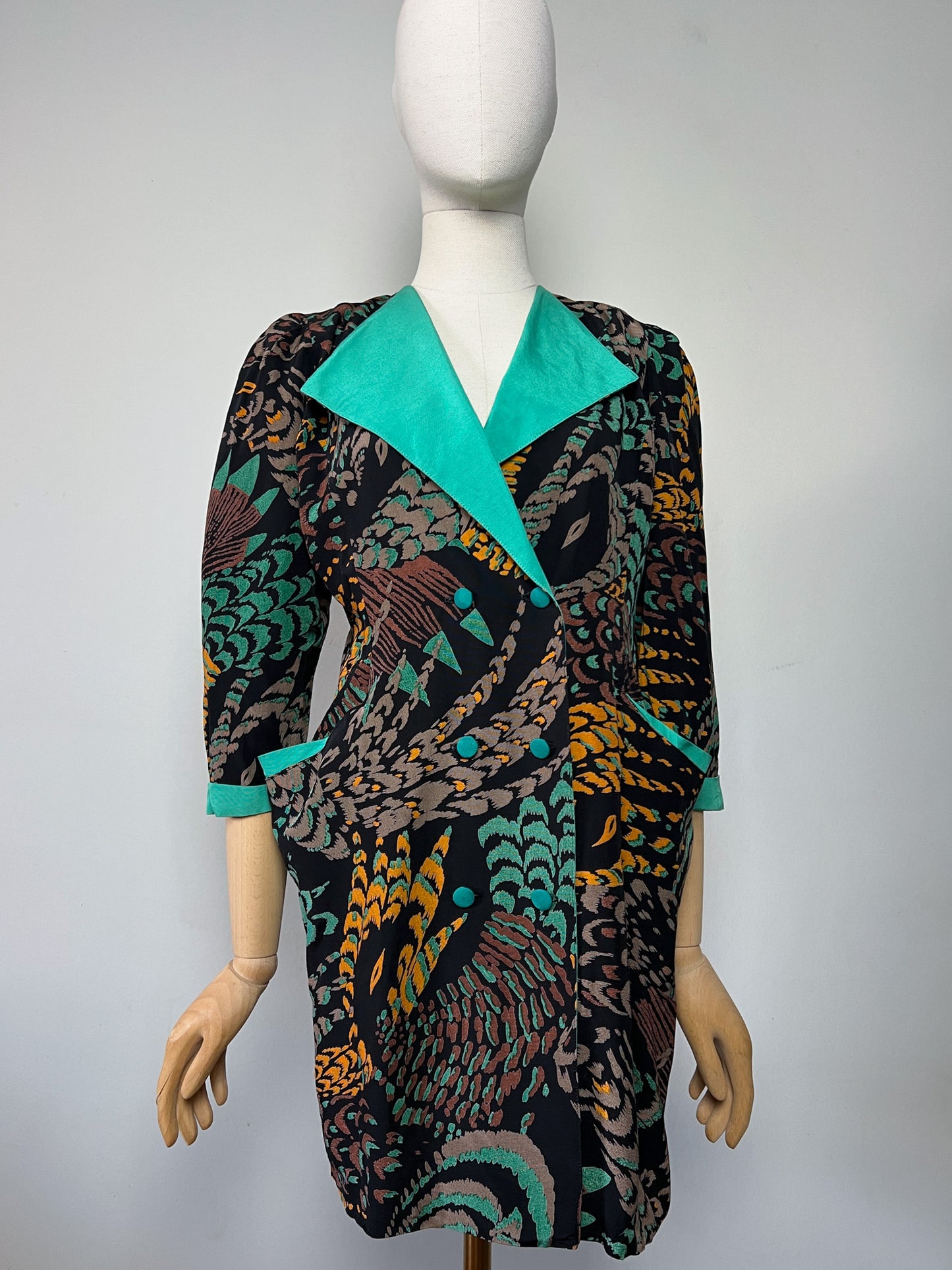 Robe Courte Veste Vintage Alouette Paris - Imprimé Exotique & Col Velours Vert Canard - Taille S (36 FR)