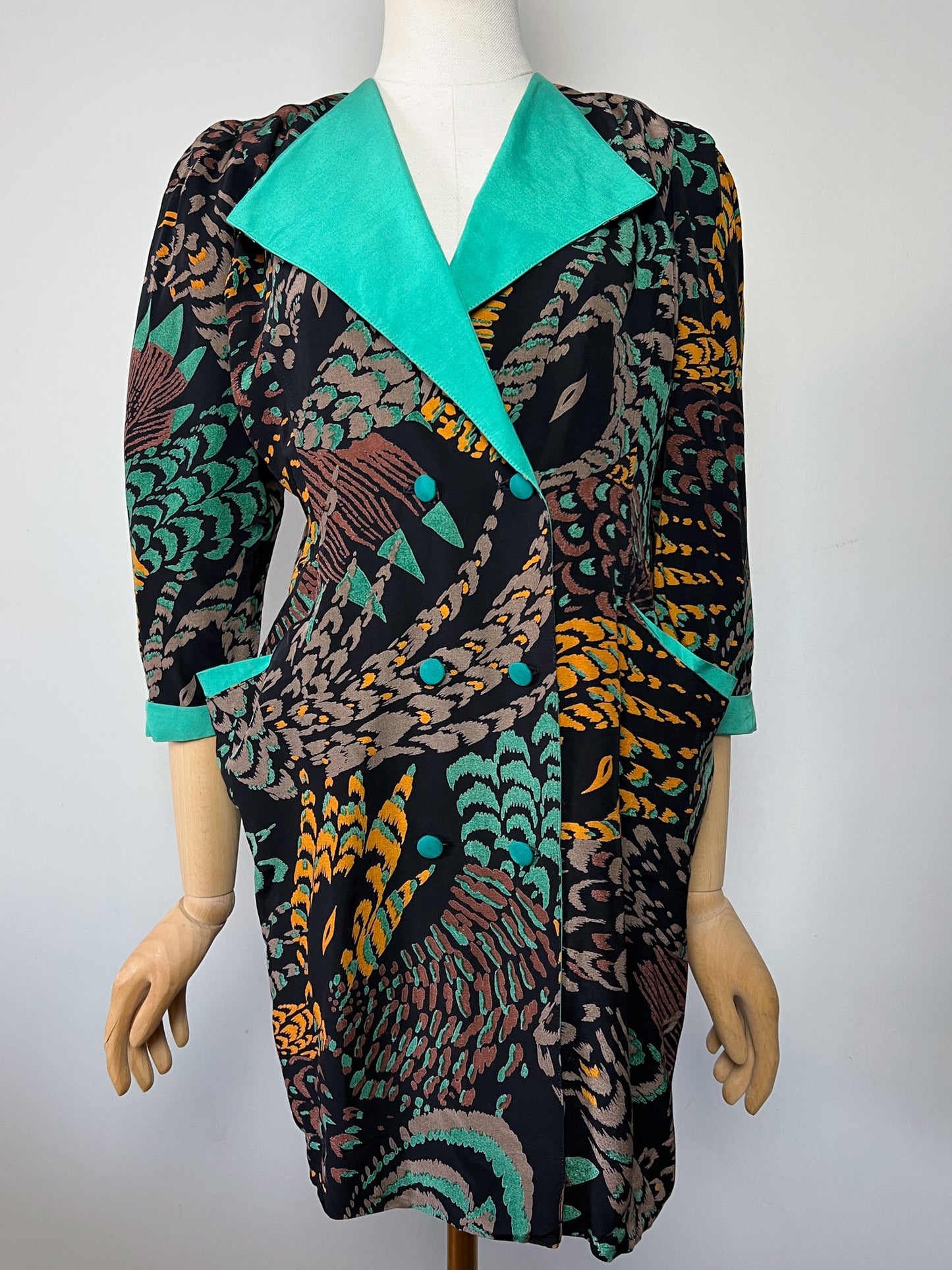 Robe Courte Veste Vintage Alouette Paris - Imprimé Exotique & Col Velours Vert Canard - Taille S (36 FR)