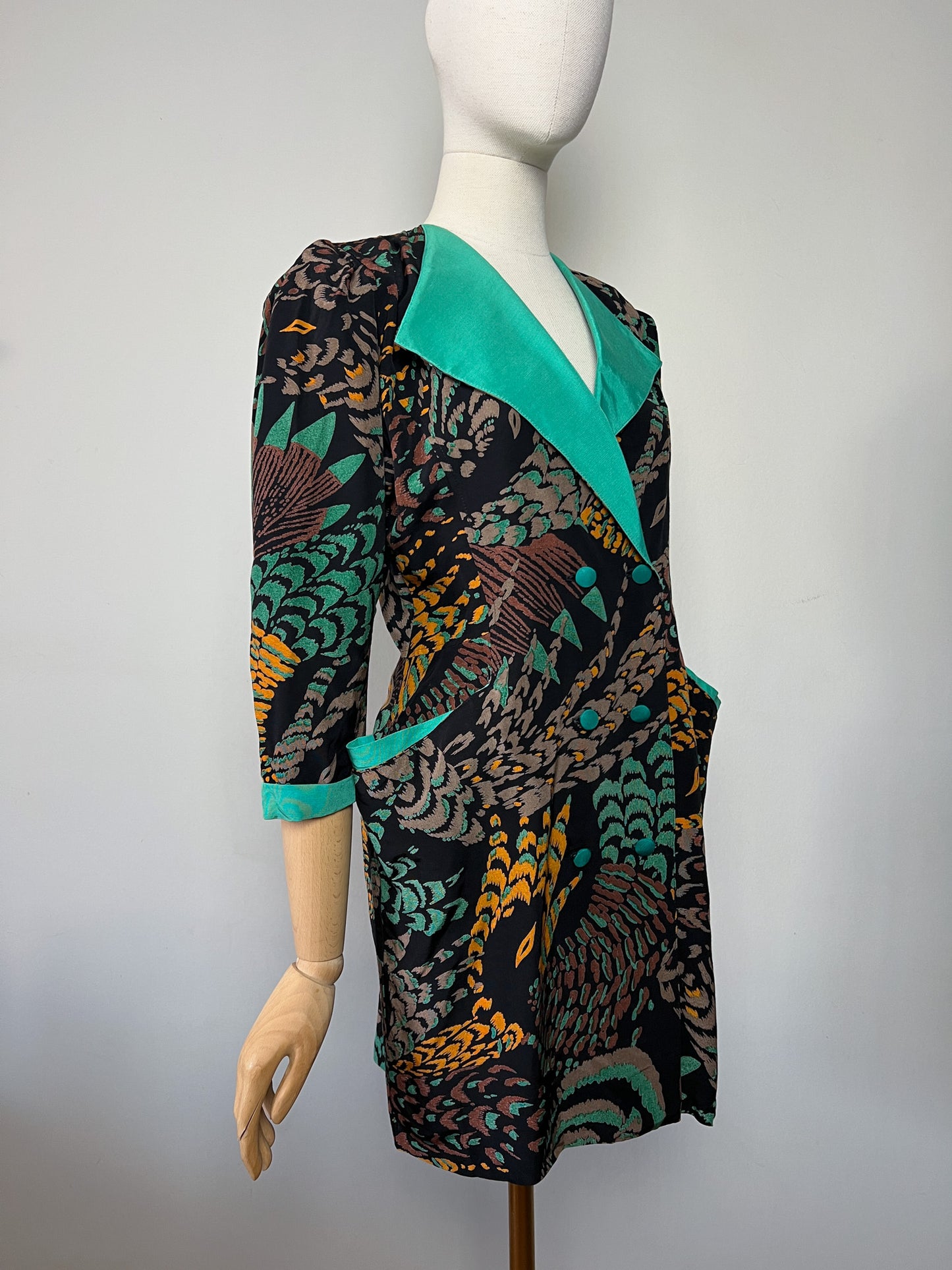 Robe Courte Veste Vintage Alouette Paris - Imprimé Exotique & Col Velours Vert Canard - Taille S (36 FR)