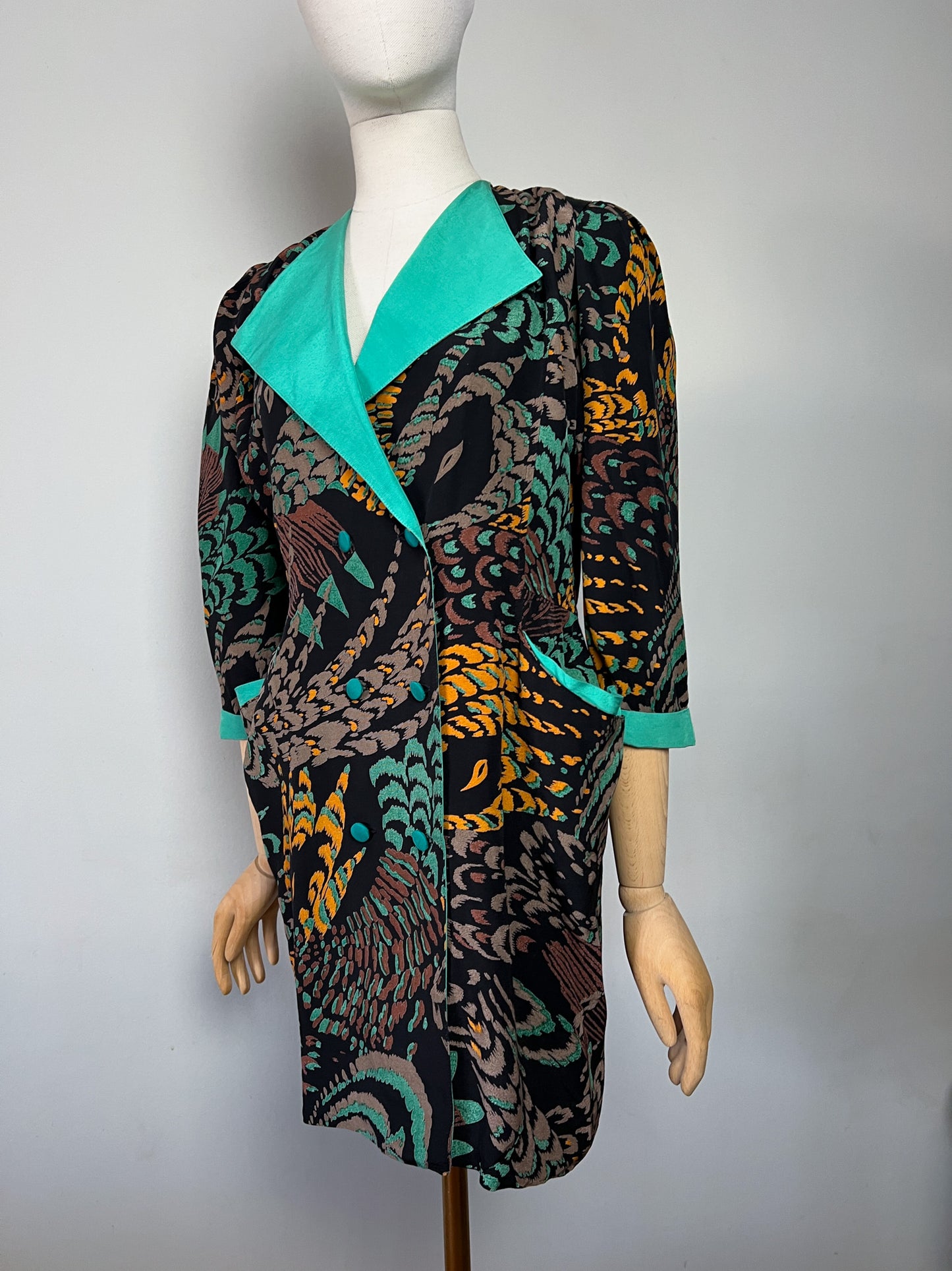 Robe Courte Veste Vintage Alouette Paris - Imprimé Exotique & Col Velours Vert Canard - Taille S (36 FR)