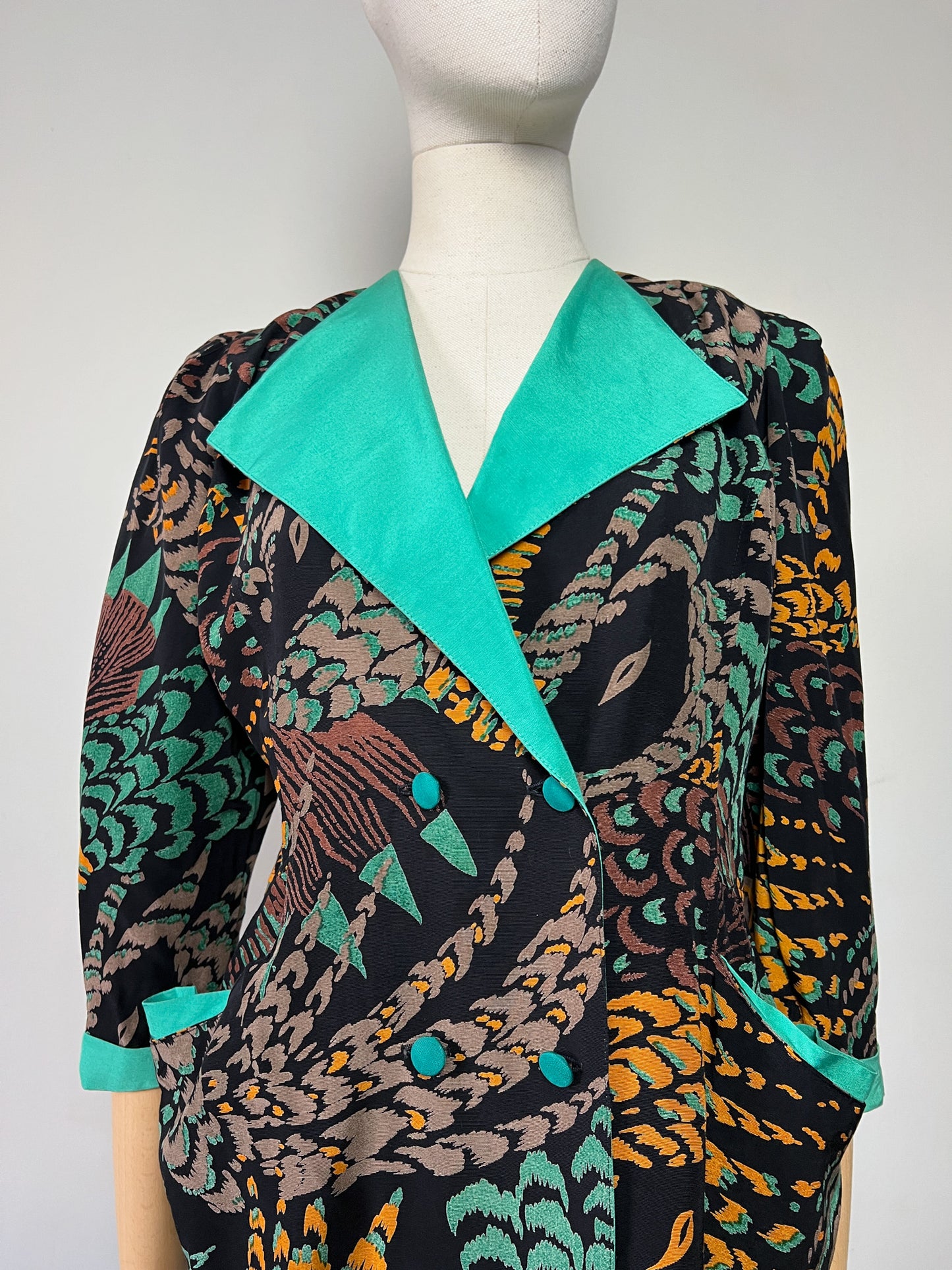Robe Courte Veste Vintage Alouette Paris - Imprimé Exotique & Col Velours Vert Canard - Taille S (36 FR)