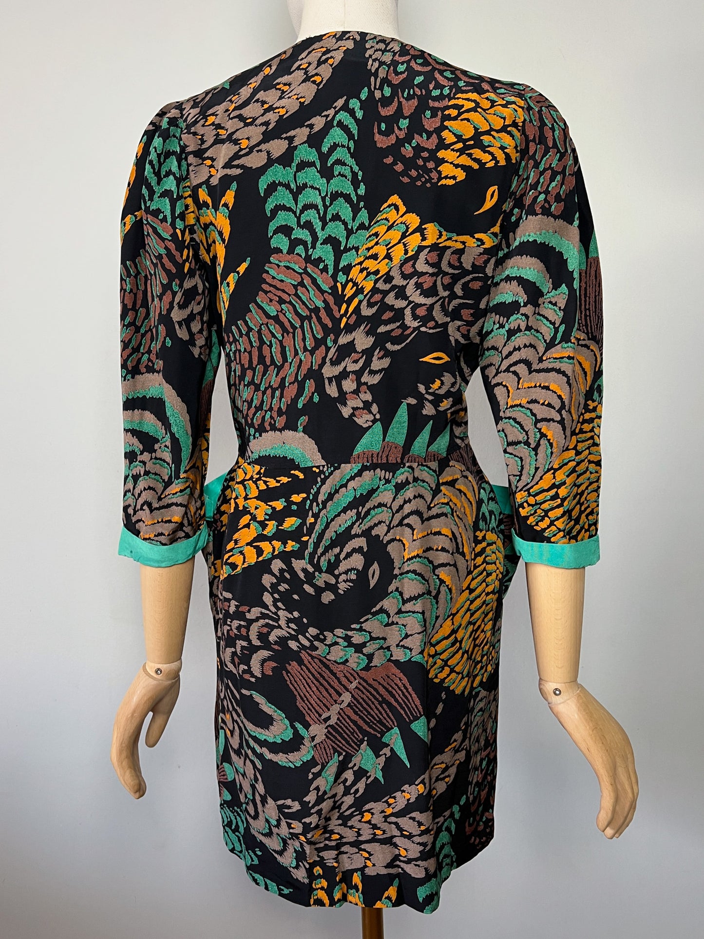 Robe Courte Veste Vintage Alouette Paris - Imprimé Exotique & Col Velours Vert Canard - Taille S (36 FR)