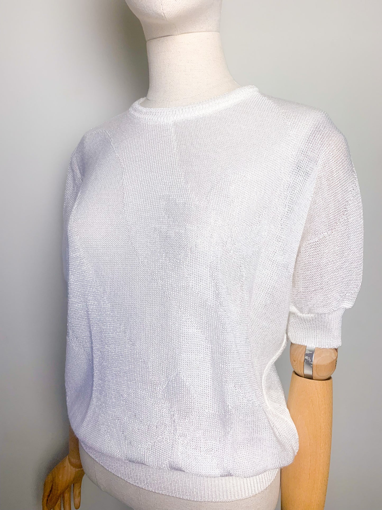 Top en maille manches courtes blanc Vintage