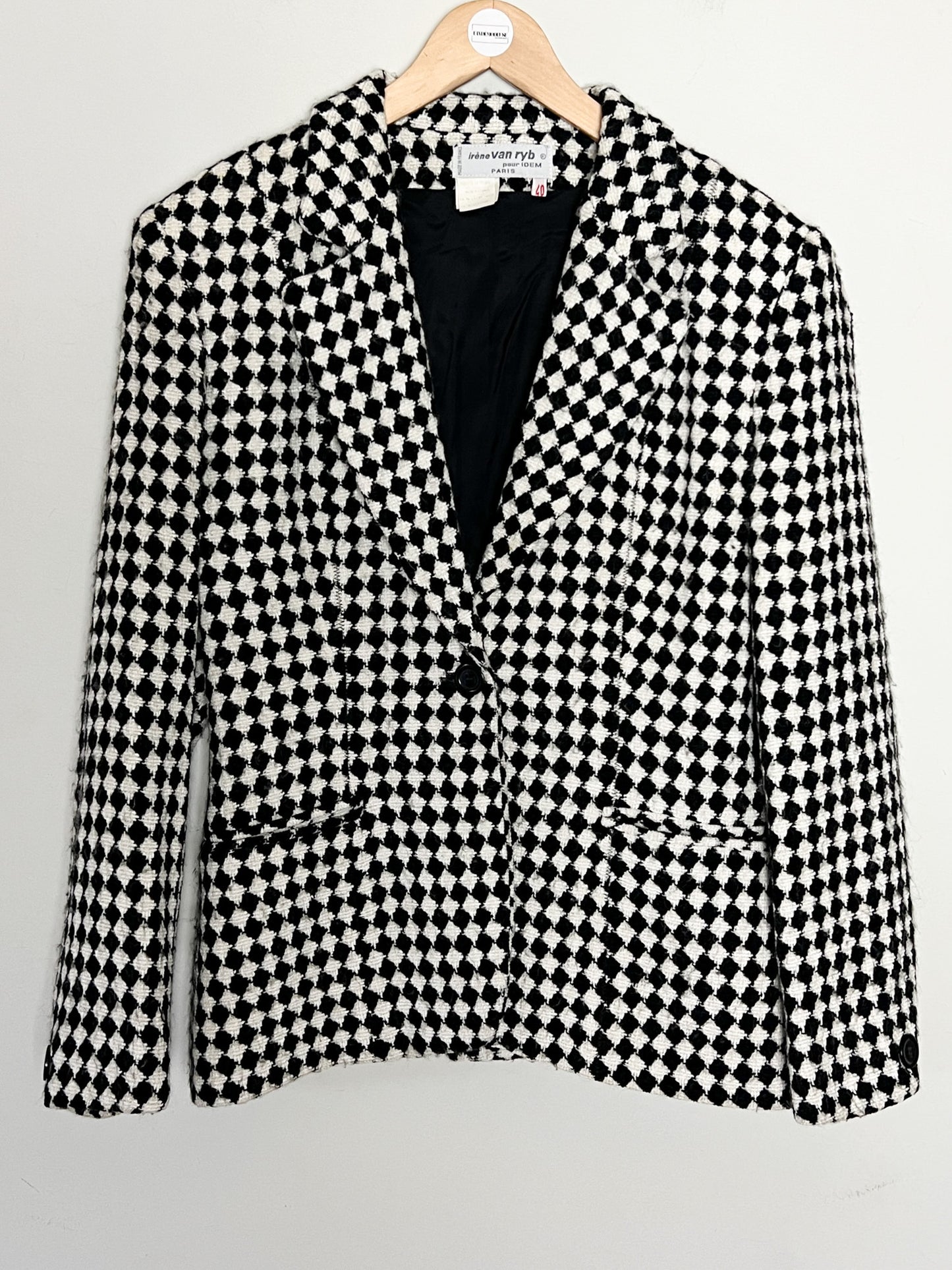 Blazer Créateur Irène Van Ryb - Laine/Viscose - Motif Losange Noir & Blanc - Made in France - T. 38 FR