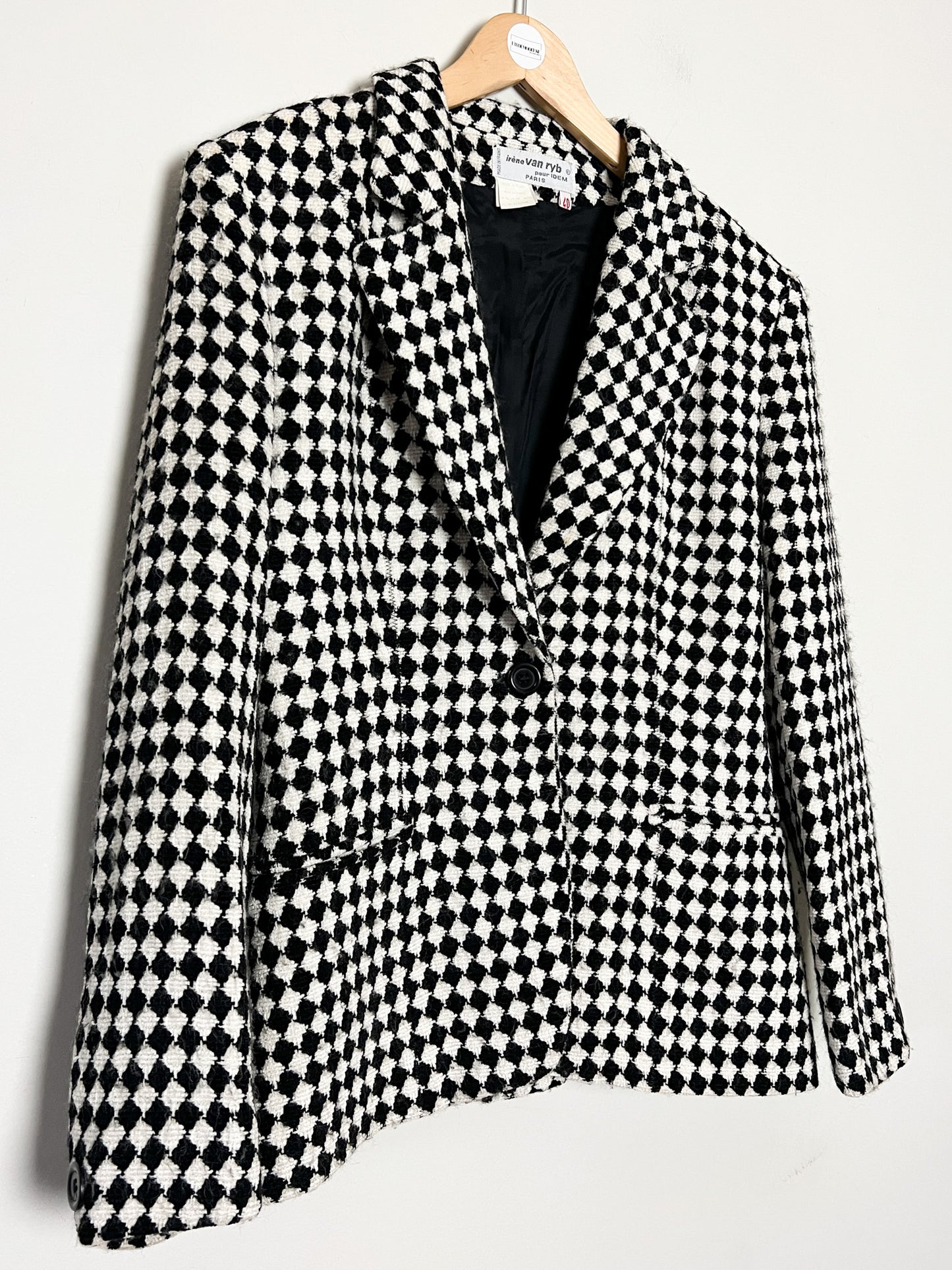 Blazer Créateur Irène Van Ryb - Laine/Viscose - Motif Losange Noir & Blanc - Made in France - T. 38 FR