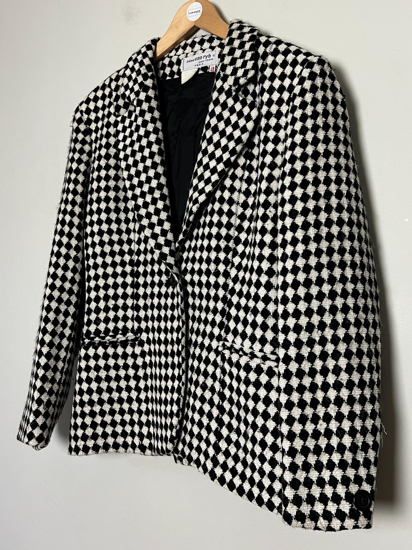 Blazer Créateur Irène Van Ryb - Laine/Viscose - Motif Losange Noir & Blanc - Made in France - T. 38 FR