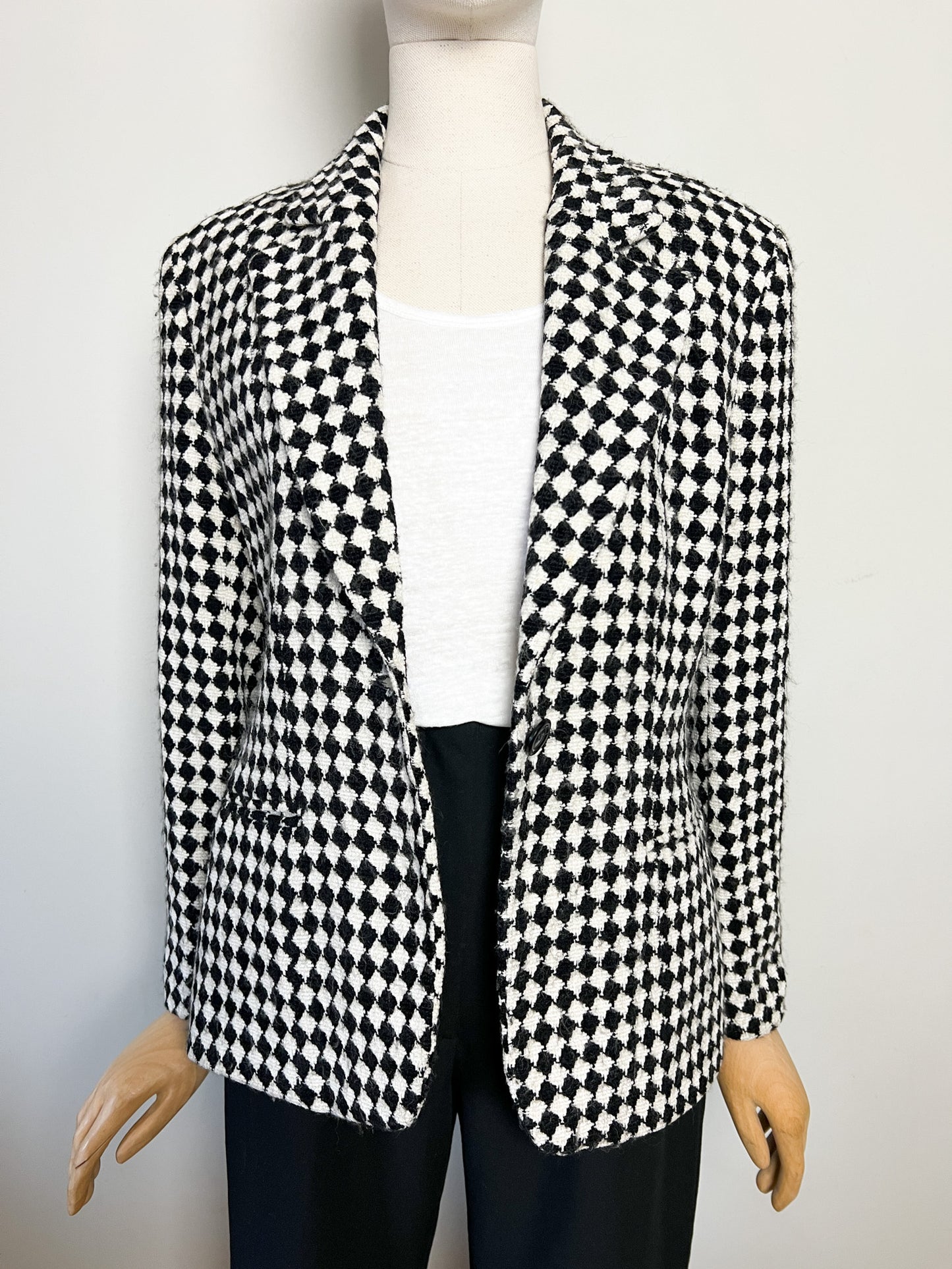 Blazer Créateur Irène Van Ryb - Laine/Viscose - Motif Losange Noir & Blanc - Made in France - T. 38 FR