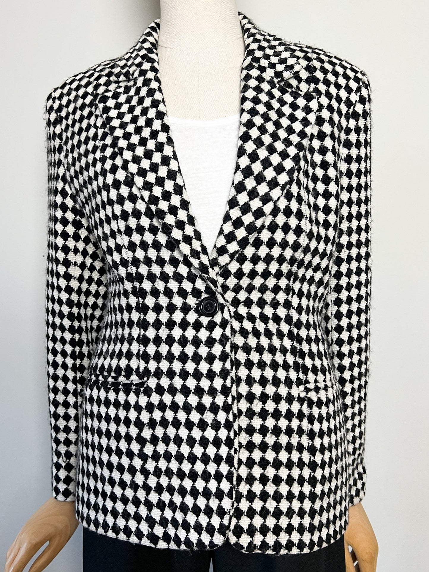 Blazer Créateur Irène Van Ryb - Laine/Viscose - Motif Losange Noir & Blanc - Made in France - T. 38 FR