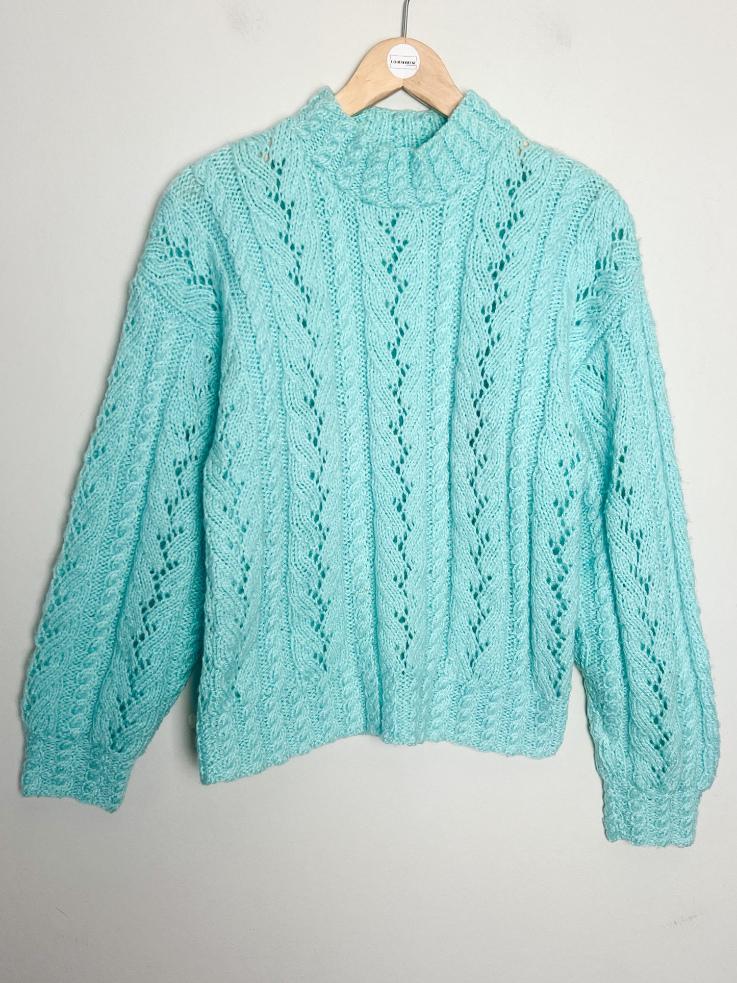 Pull Laine Torsades Vintage (Tricoté Main) - Bleu Turquoise - T. 36/38
