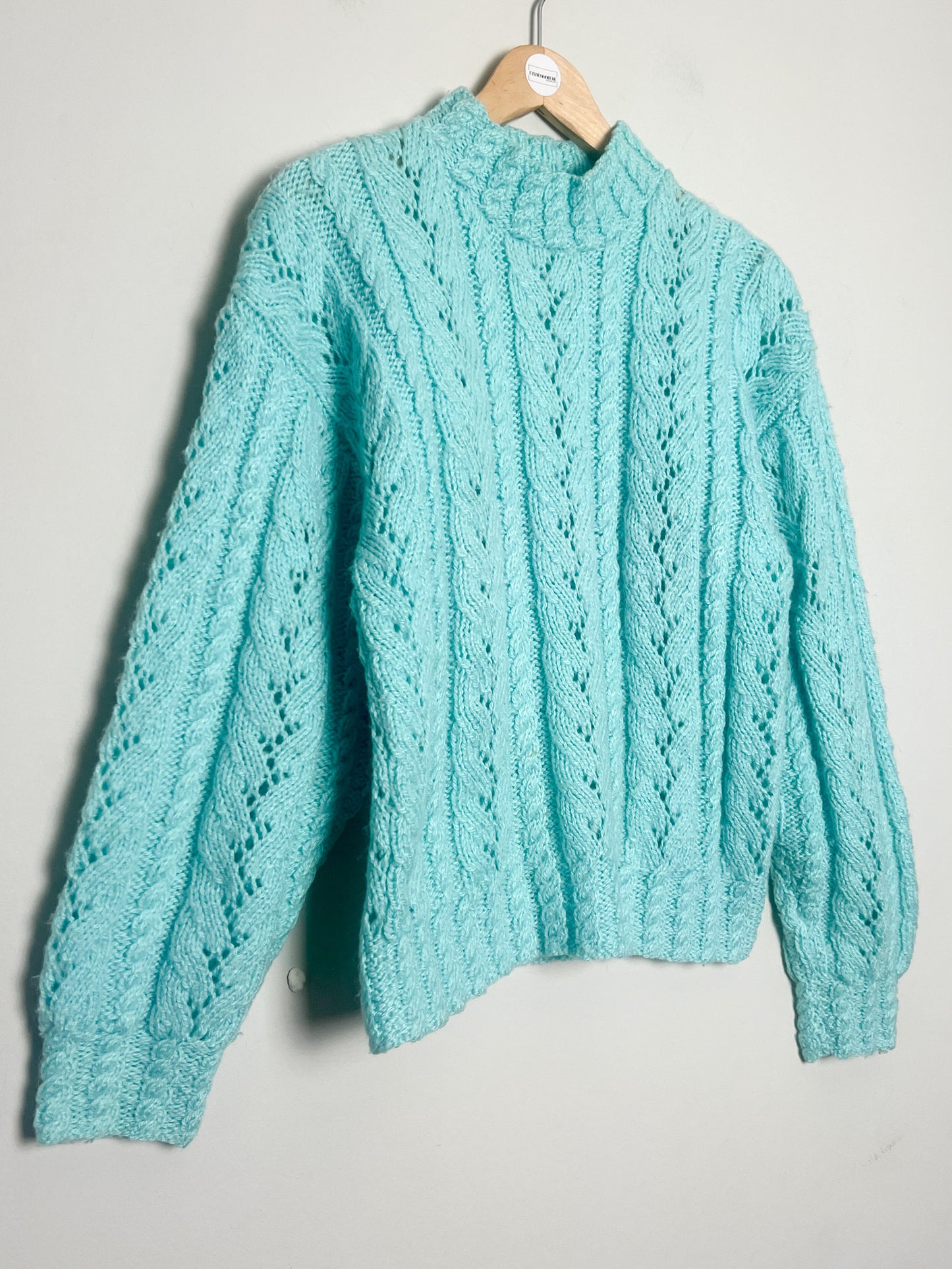 Pull Laine Torsades Vintage (Tricoté Main) - Bleu Turquoise - T. 36/38