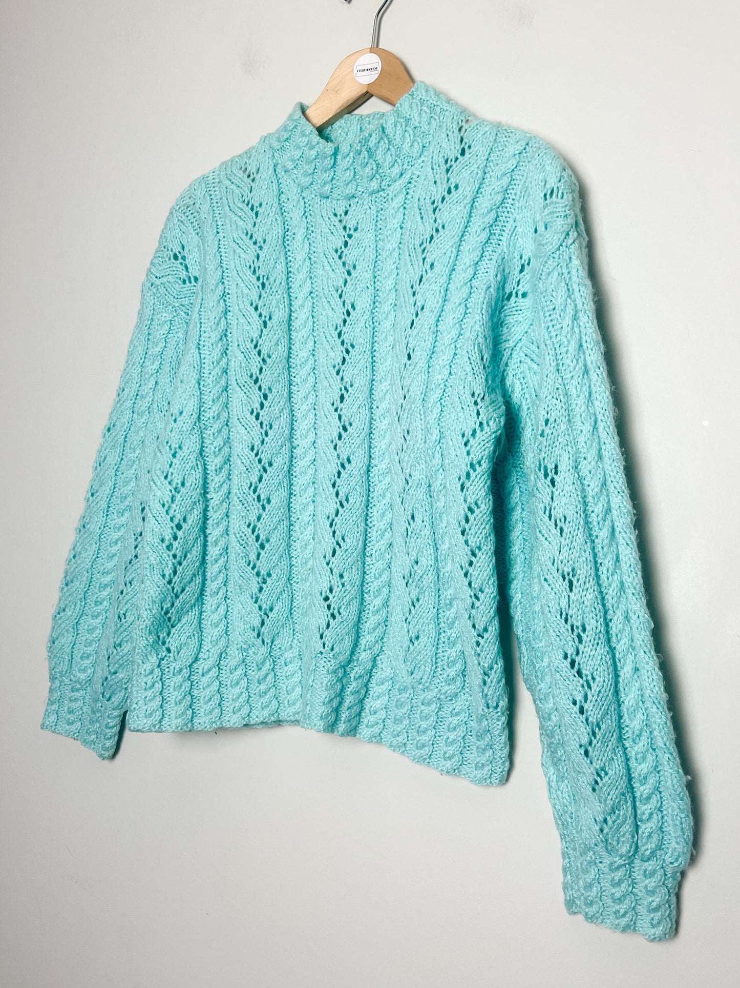 Pull Laine Torsades Vintage (Tricoté Main) - Bleu Turquoise - T. 36/38