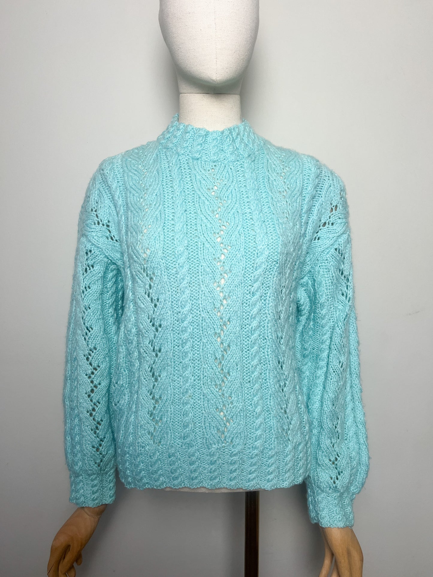 Pull Laine Torsades Vintage (Tricoté Main) - Bleu Turquoise - T. 36/38