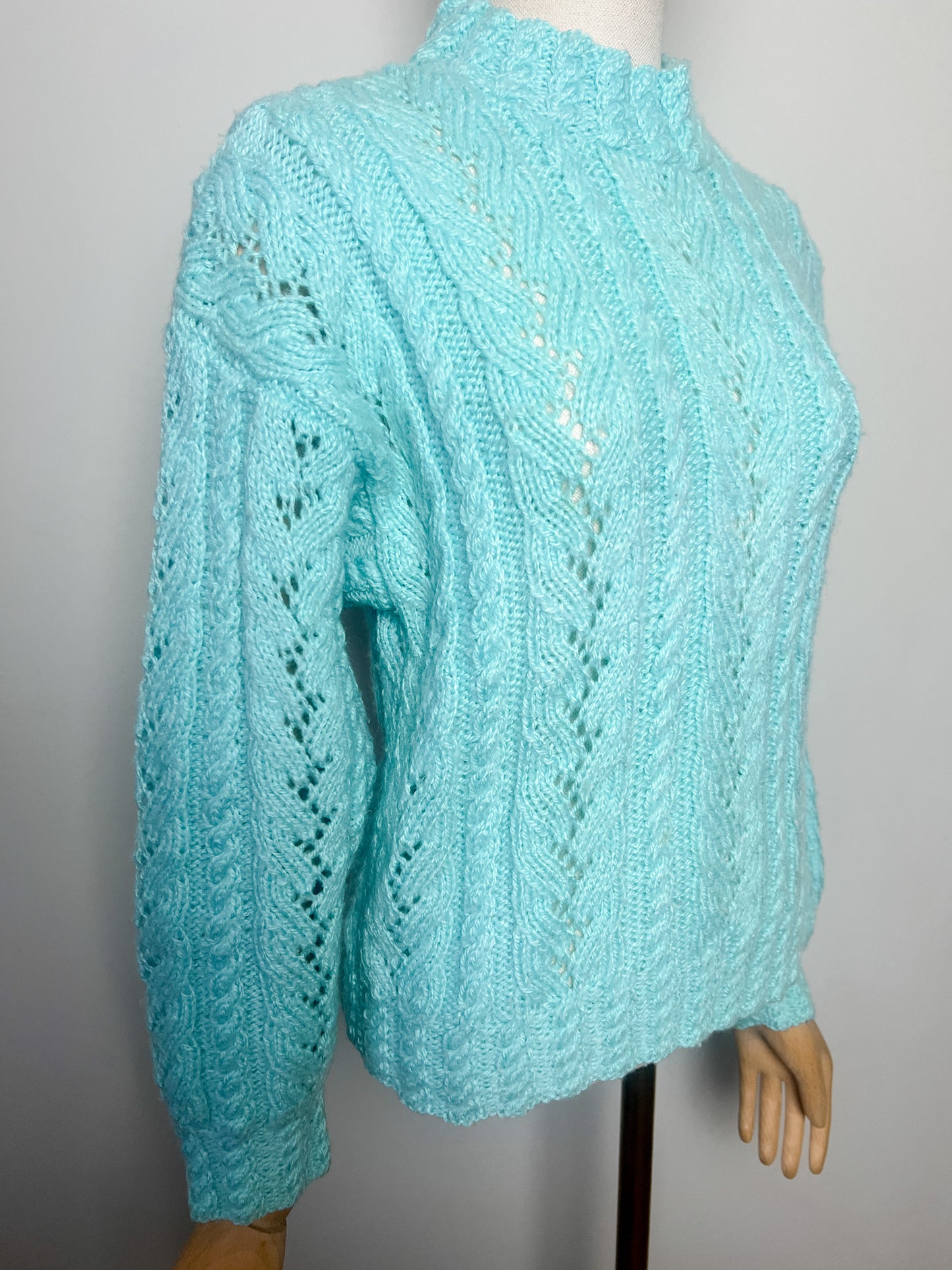 Pull Laine Torsades Vintage (Tricoté Main) - Bleu Turquoise - T. 36/38