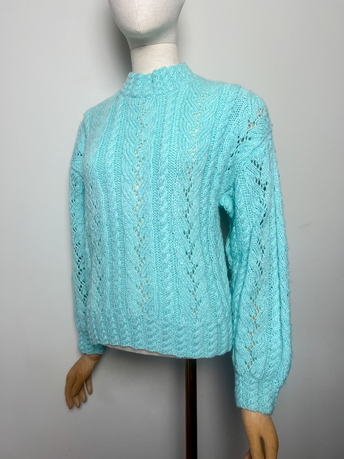 Pull Laine Torsades Vintage (Tricoté Main) - Bleu Turquoise - T. 36/38