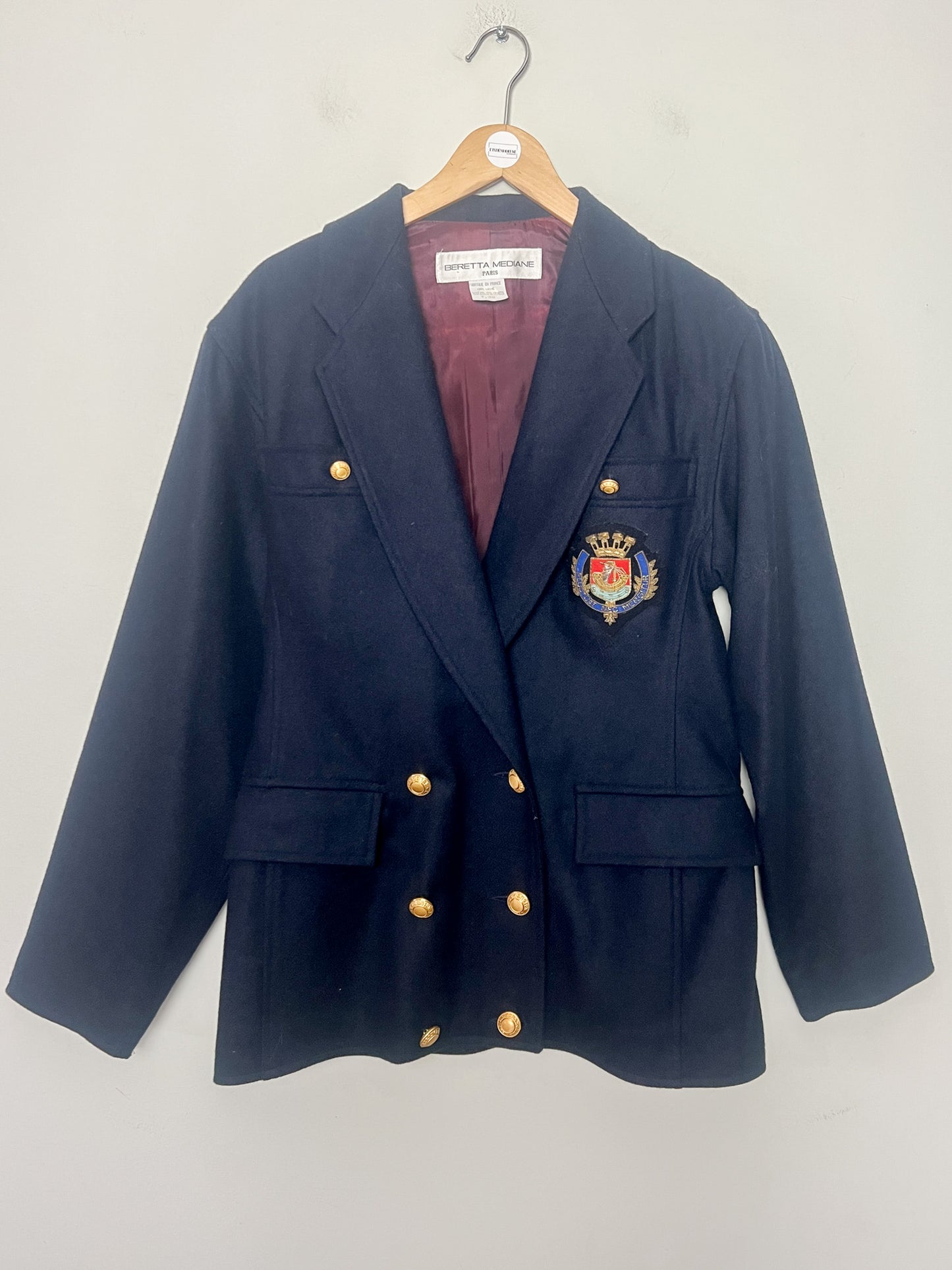 Veste Blazer Croisé Vintage Beretta Mediane - 100% Laine Marine - Style Militaire Écusson Paris - T. 38