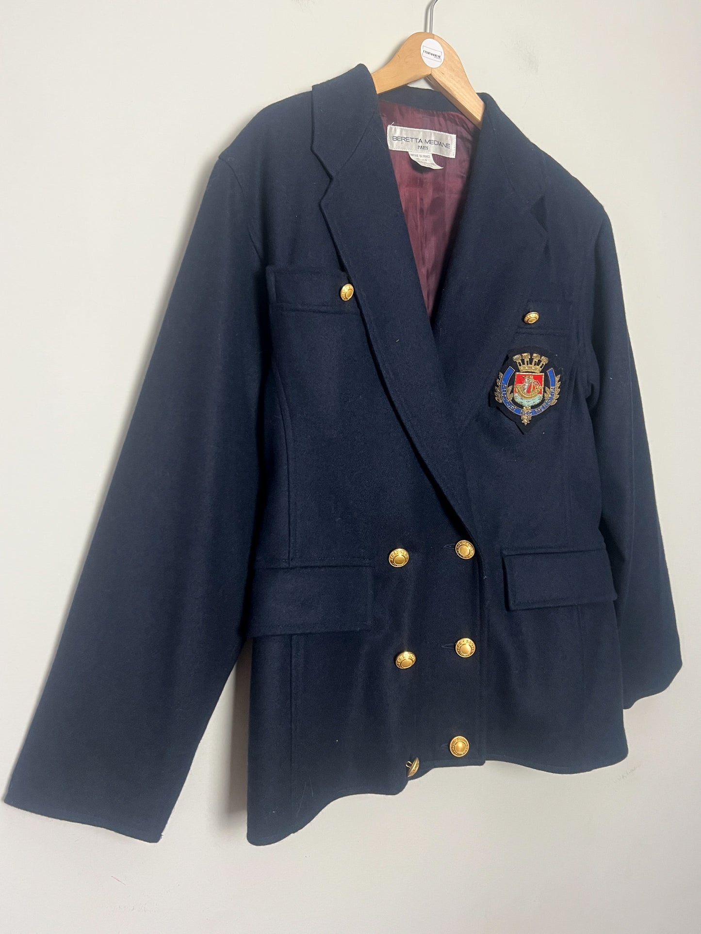 Veste Blazer Croisé Vintage Beretta Mediane - 100% Laine Marine - Style Militaire Écusson Paris - T. 38