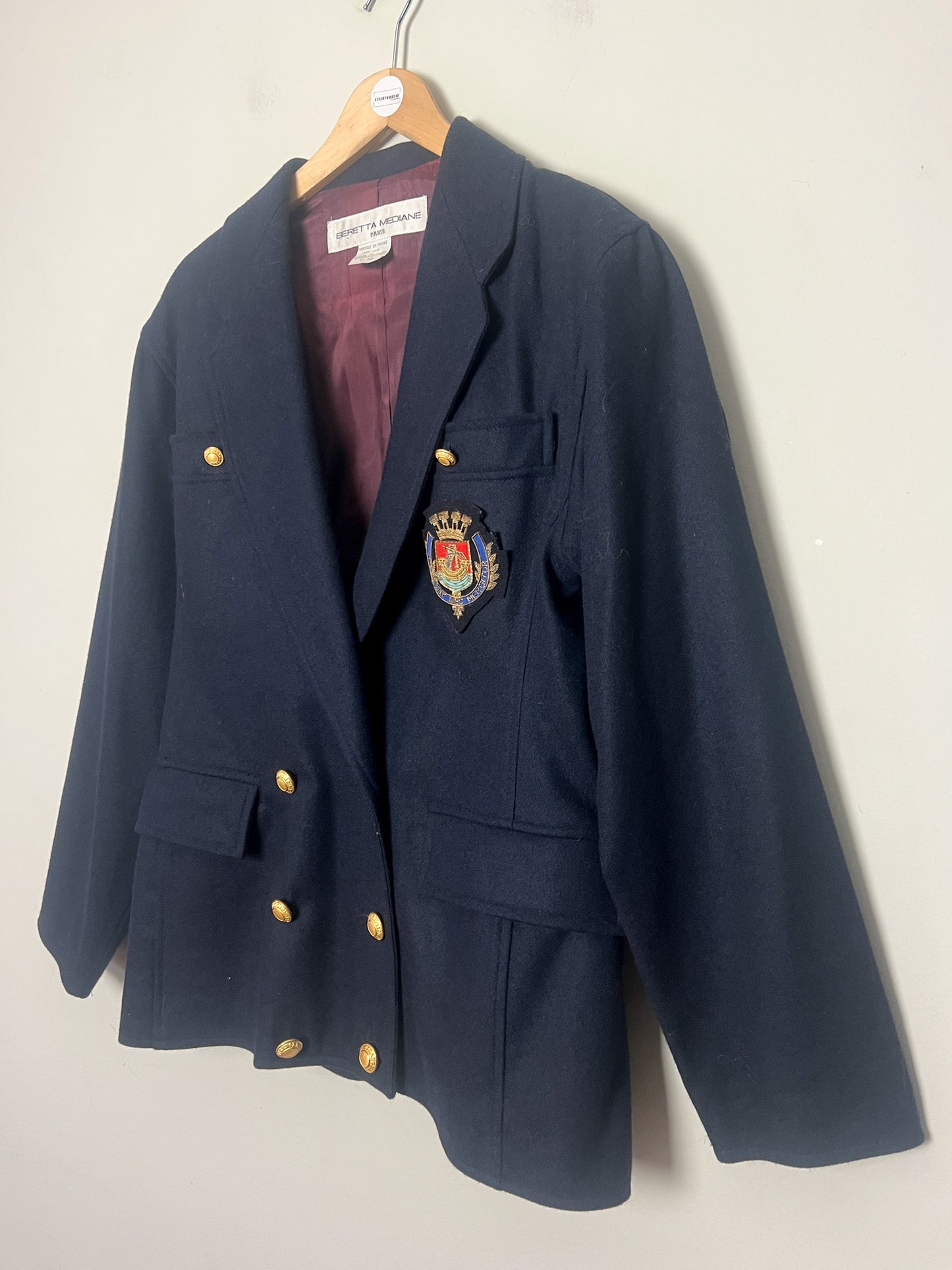 Veste Blazer Croisé Vintage Beretta Mediane - 100% Laine Marine - Style Militaire Écusson Paris - T. 38