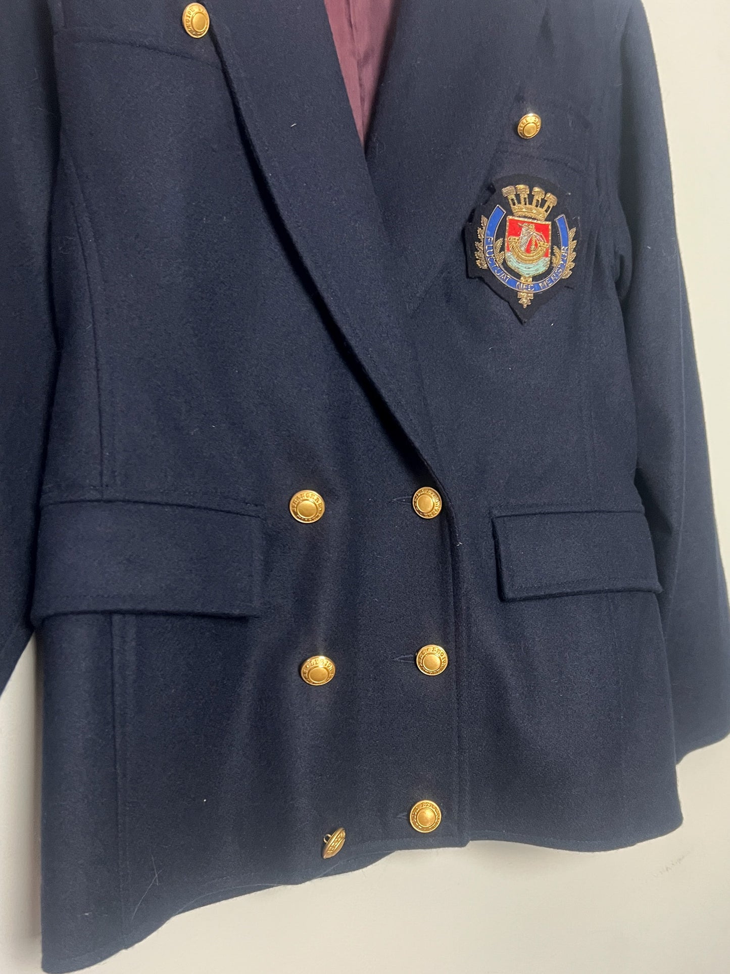 Veste Blazer Croisé Vintage Beretta Mediane - 100% Laine Marine - Style Militaire Écusson Paris - T. 38