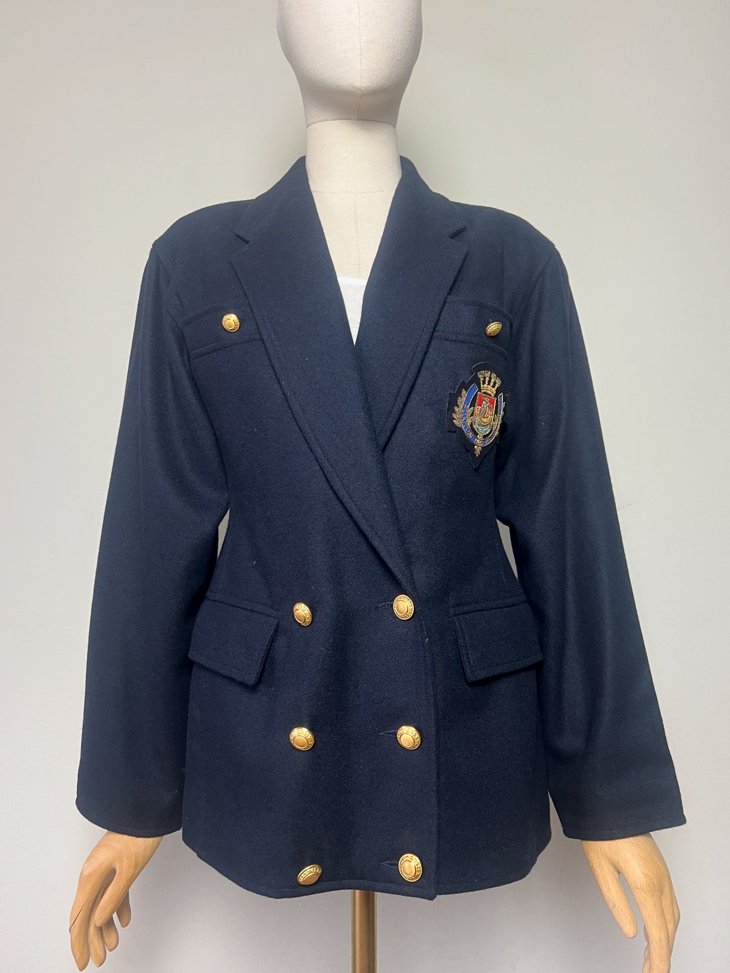 Veste Blazer Croisé Vintage Beretta Mediane - 100% Laine Marine - Style Militaire Écusson Paris - T. 38