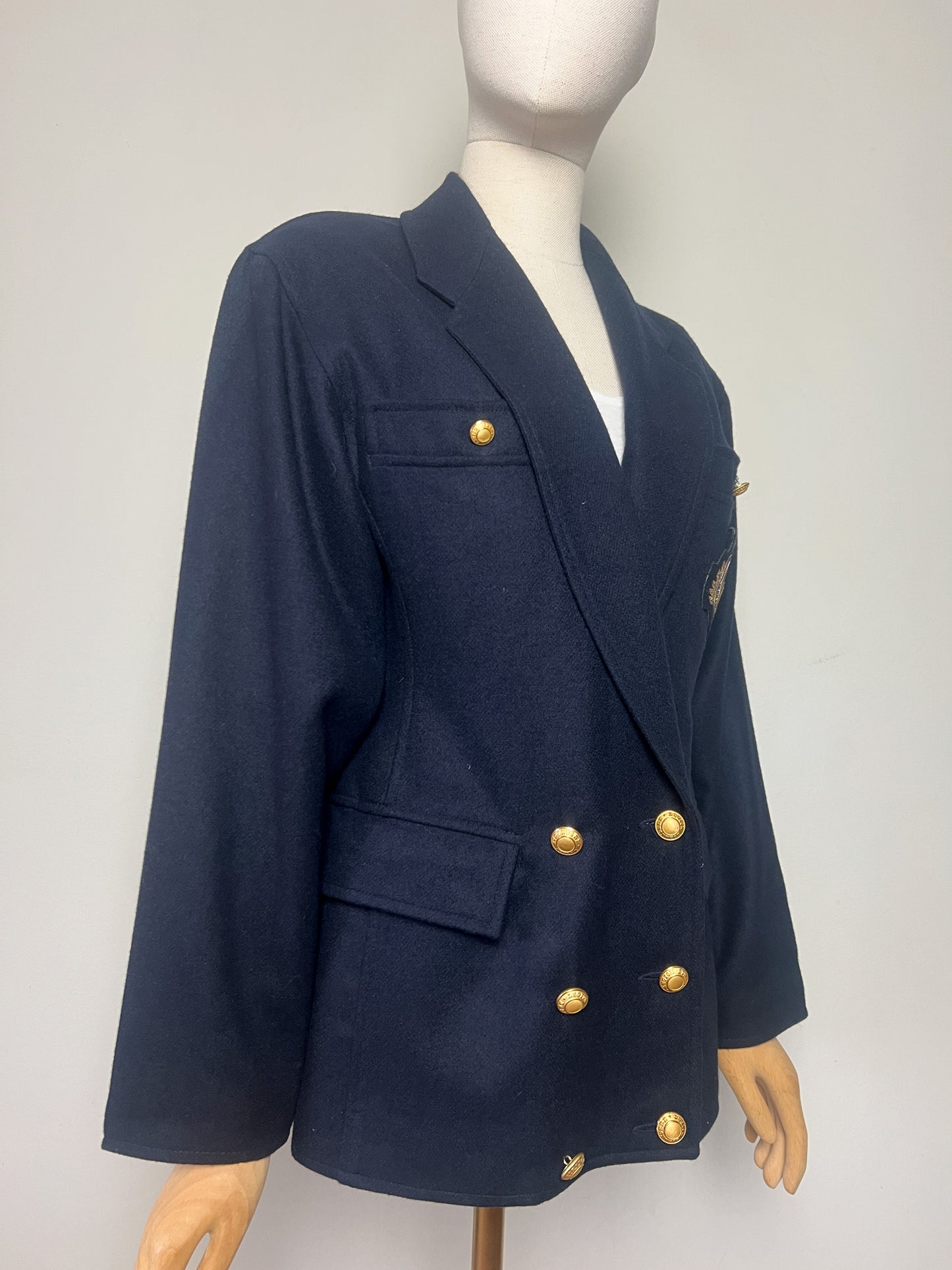Veste Blazer Croisé Vintage Beretta Mediane - 100% Laine Marine - Style Militaire Écusson Paris - T. 38