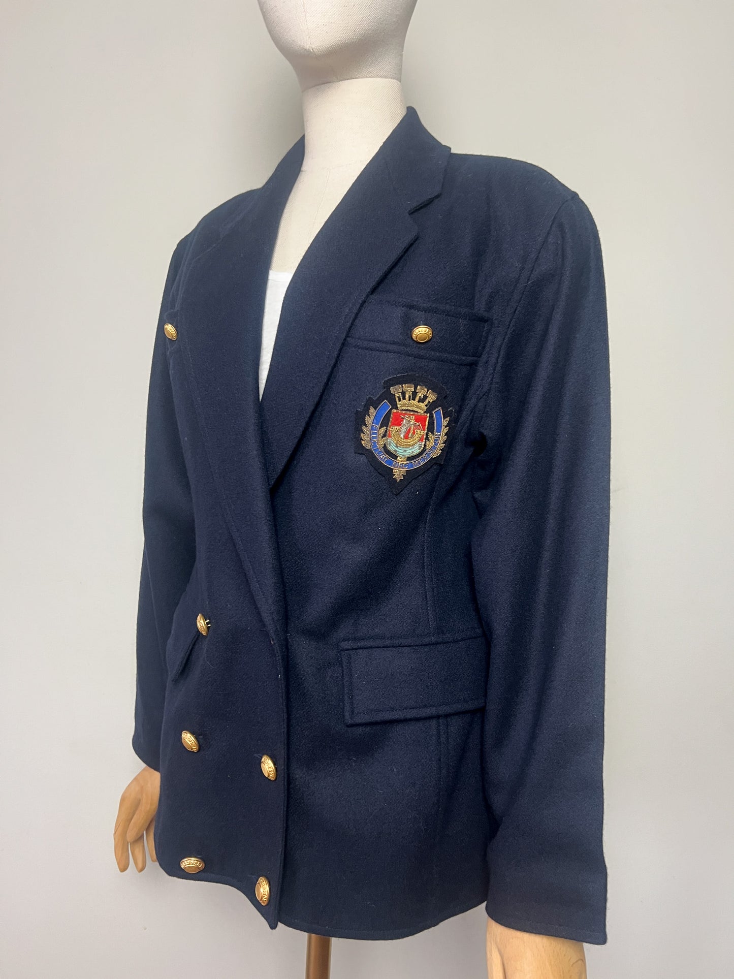 Veste Blazer Croisé Vintage Beretta Mediane - 100% Laine Marine - Style Militaire Écusson Paris - T. 38