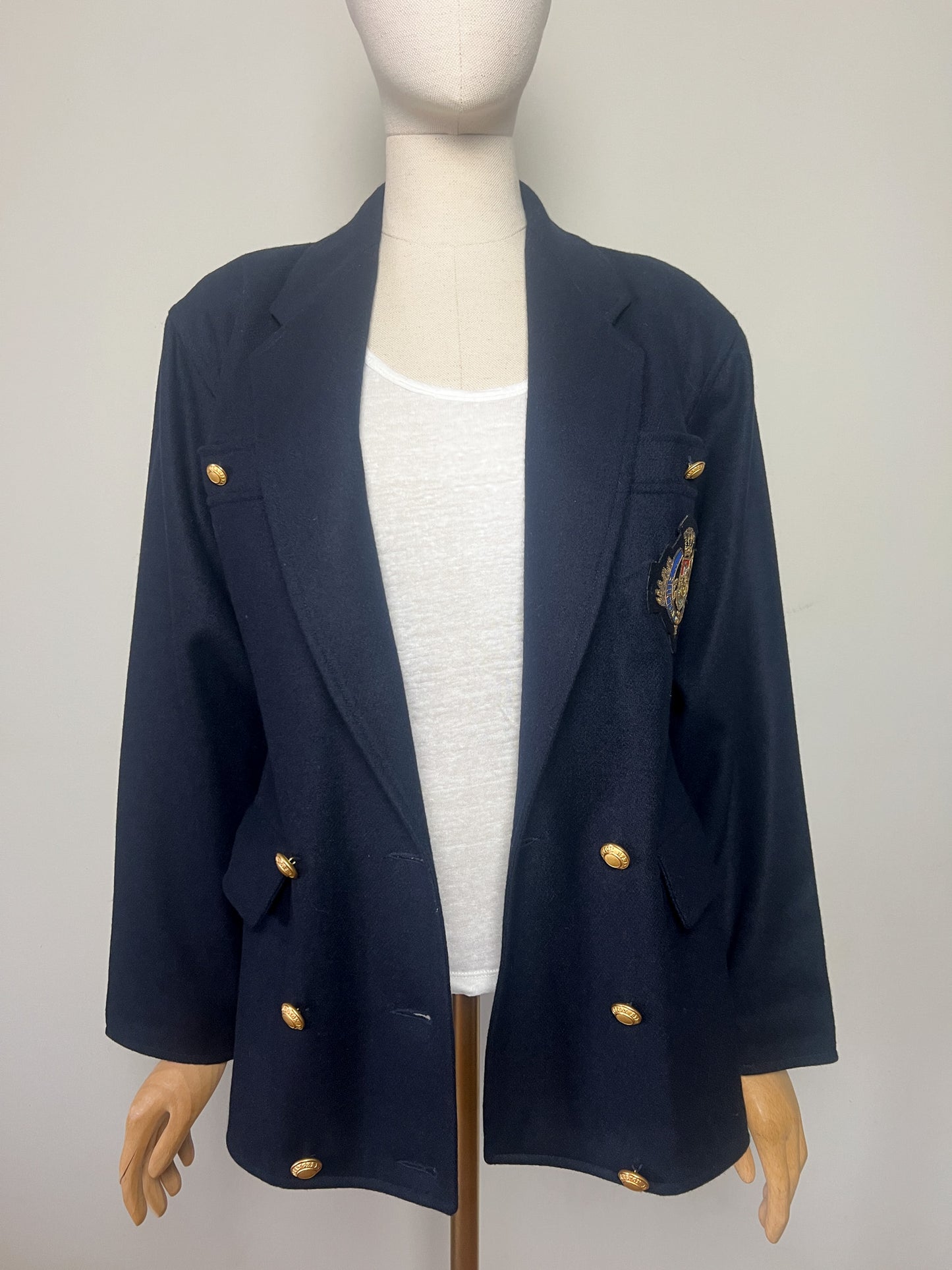 Veste Blazer Croisé Vintage Beretta Mediane - 100% Laine Marine - Style Militaire Écusson Paris - T. 38