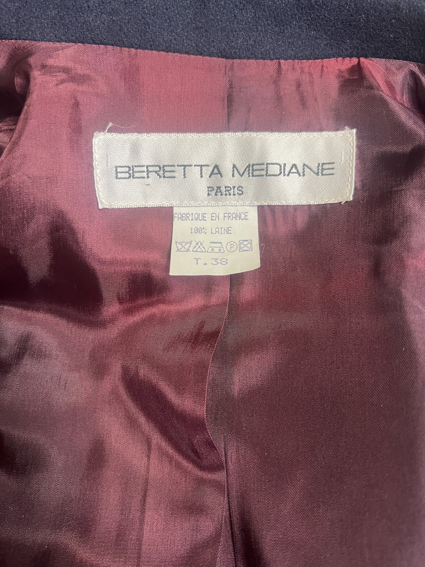 Veste Blazer Croisé Vintage Beretta Mediane - 100% Laine Marine - Style Militaire Écusson Paris - T. 38