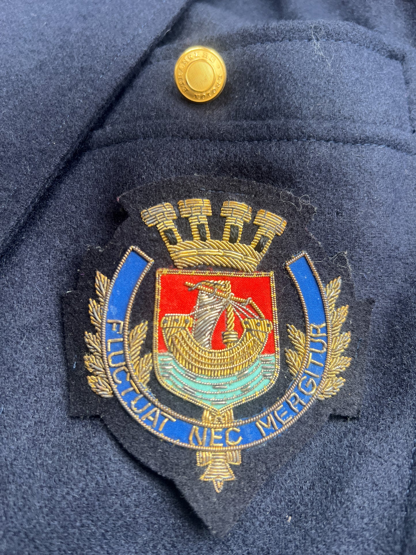 Veste Blazer Croisé Vintage Beretta Mediane - 100% Laine Marine - Style Militaire Écusson Paris - T. 38