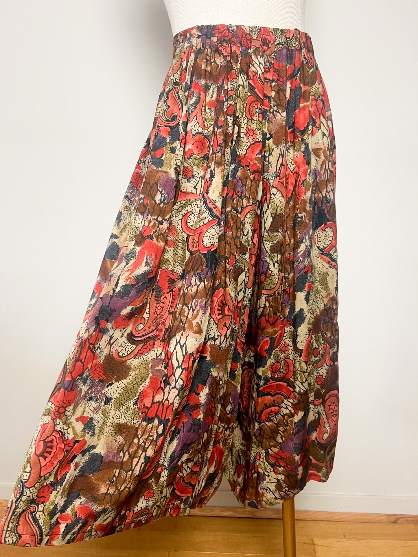 Jupe-Culotte Vintage Wide Leg - Imprimé Abstrait Tons Rouille & Kaki - Taille 42/44 (Années 90)