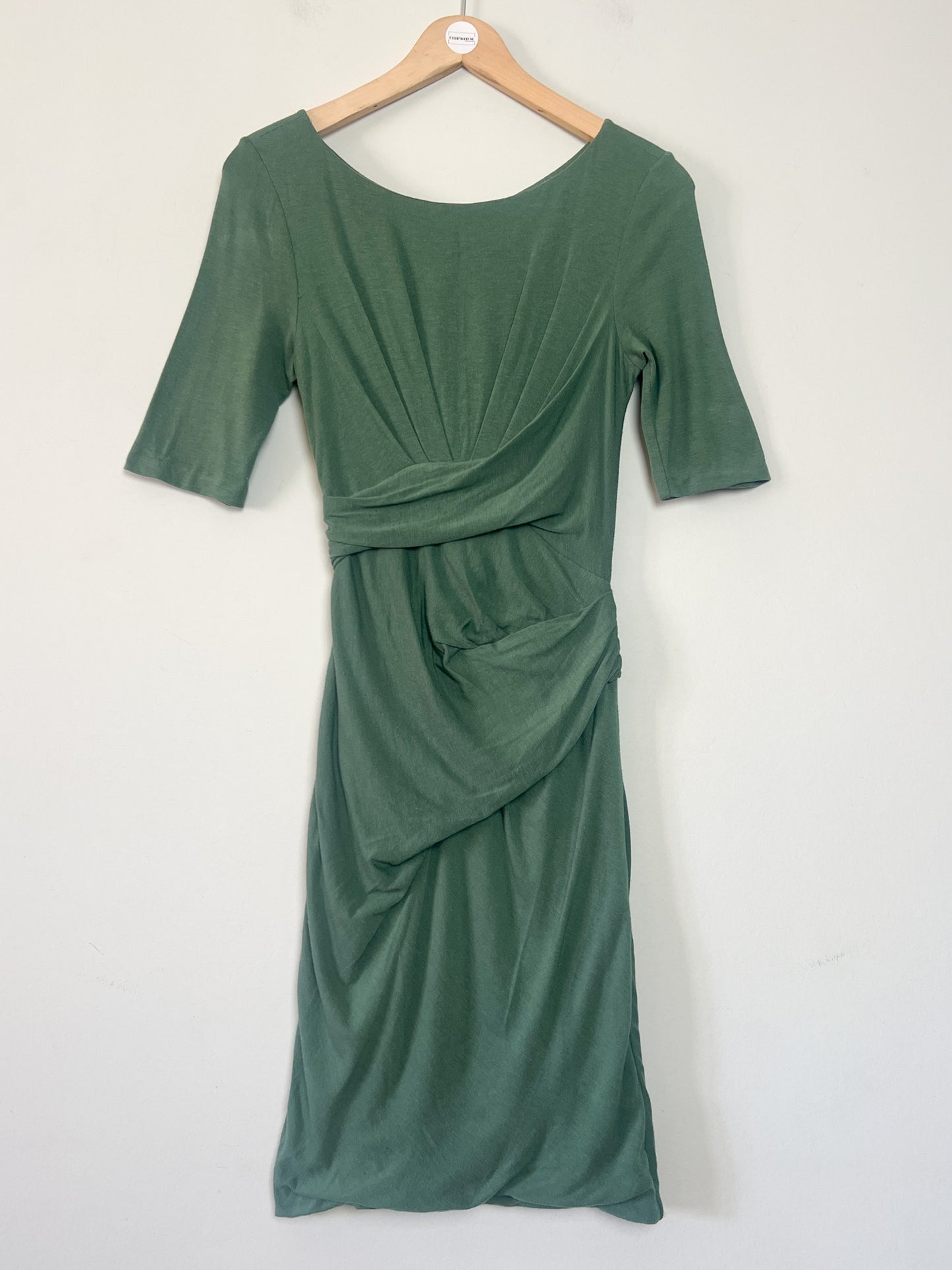 Robe CARVEN Designer - Sculpture Drapée - Tissu Épais & Doublé - Vert Élégant - T. 36 (S)