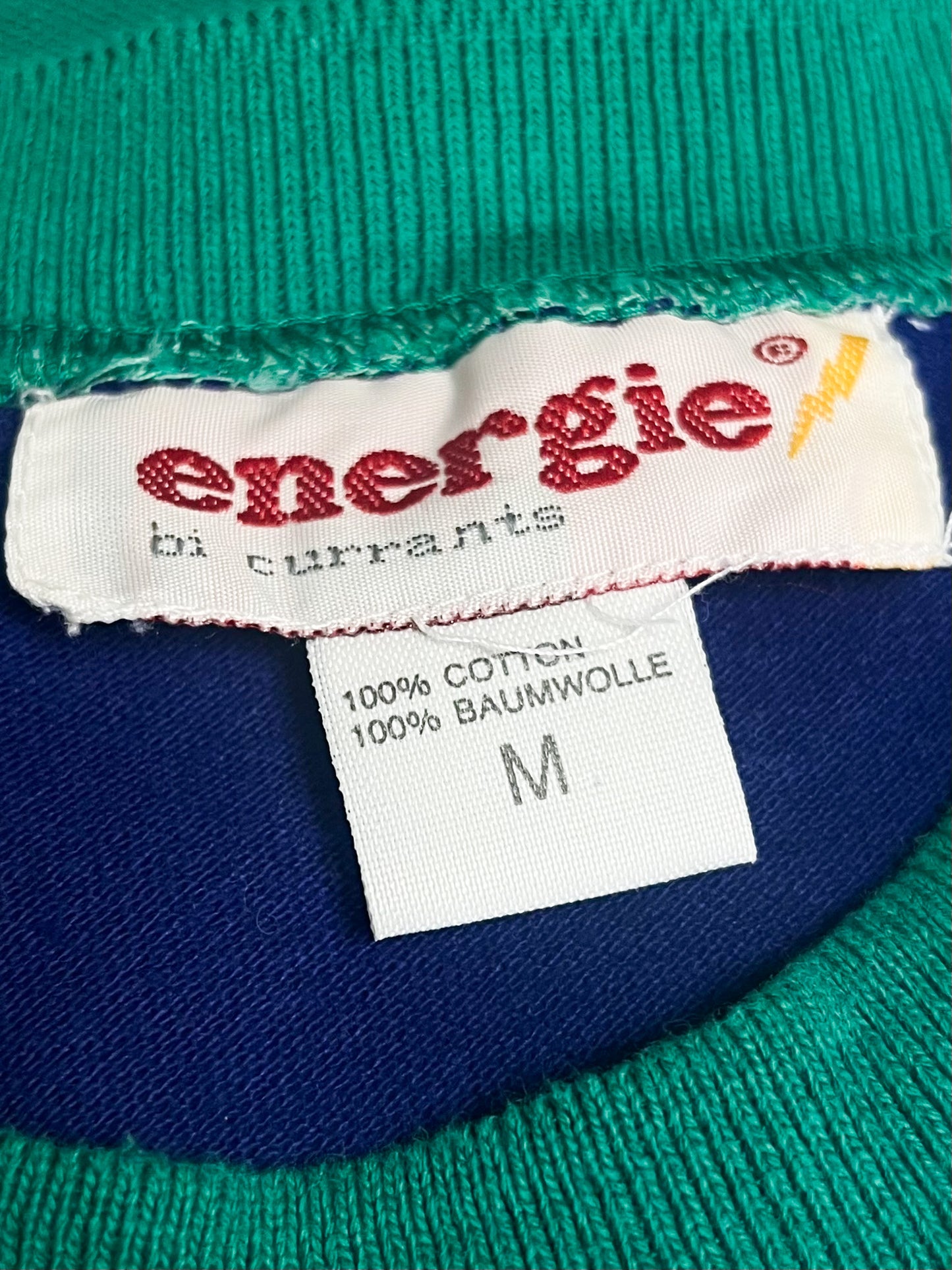T-shirt Vintage Années 90 - Coton Piqué Rayé Bleu & Vert - Coupe Ample – Energie - Unisexe T. M/L