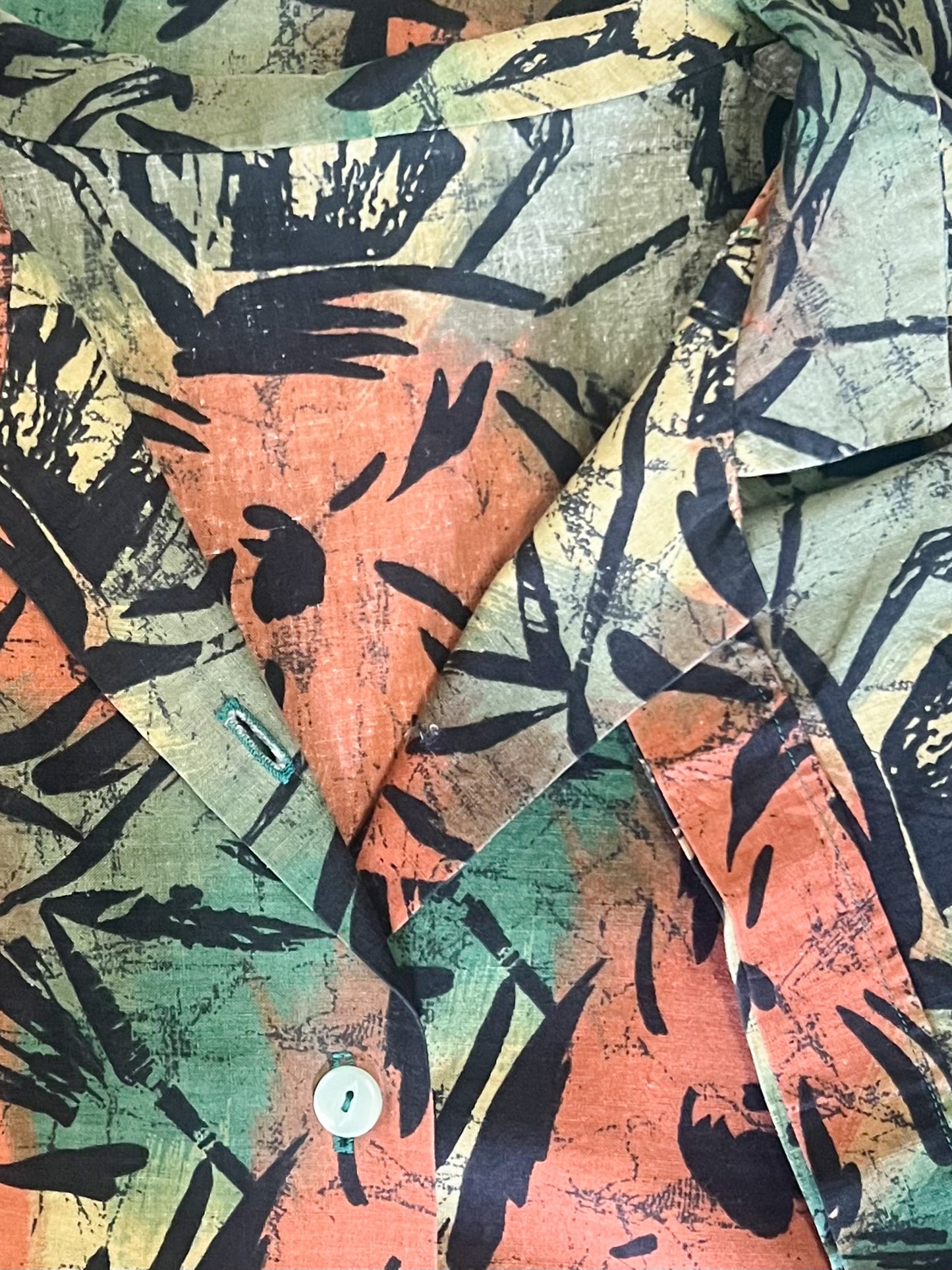Chemise Vintage Années 90 Graphique - Vert, Marron & Noir - Coupe Ample & Plis Épaules - T. 40/42 (L/XL)